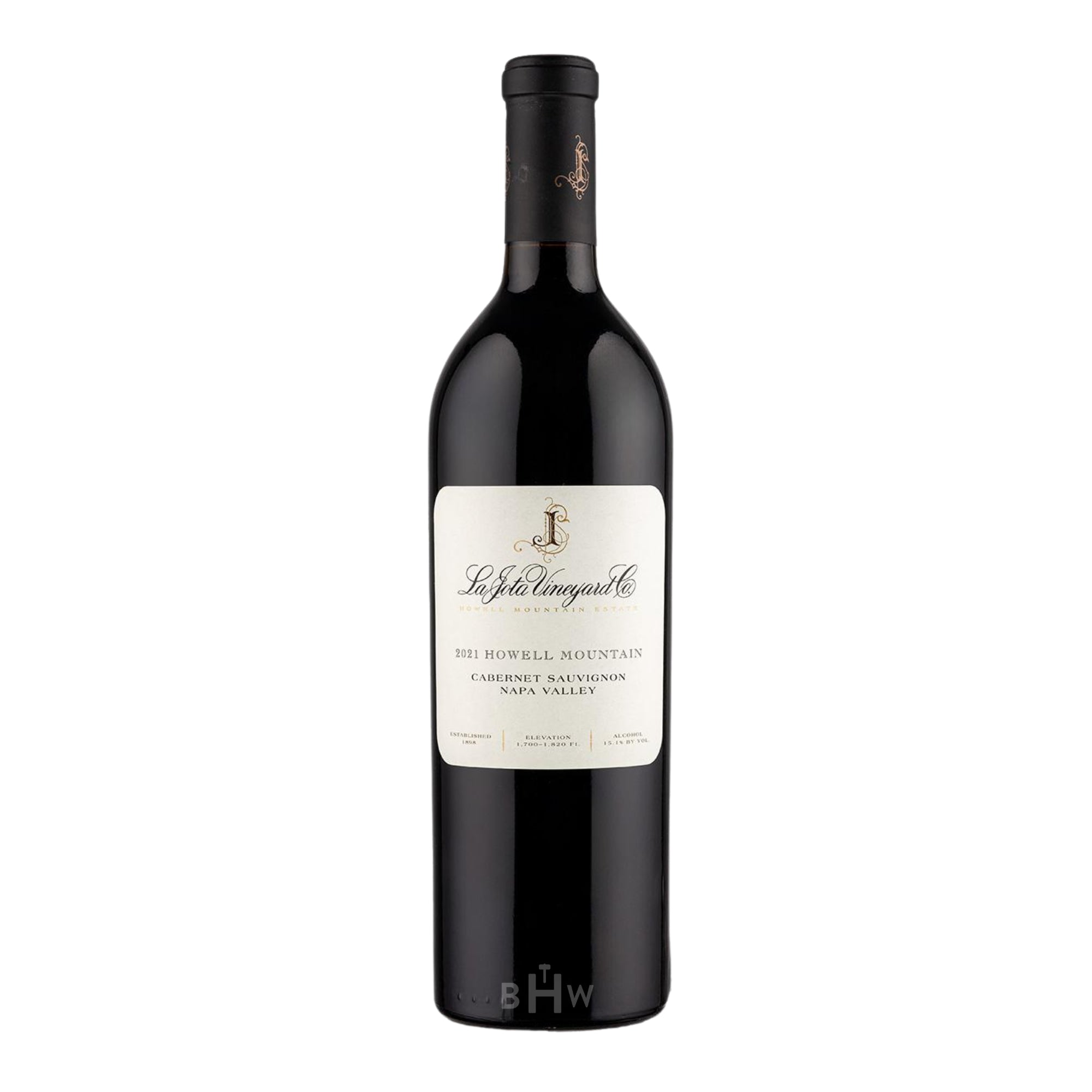 A bottle of 2021 La Jota Vineyard Co. Howell Mountain Cabernet Sauvignon from Napa Valley, featuring a clean white label with elegant script and a black capsule