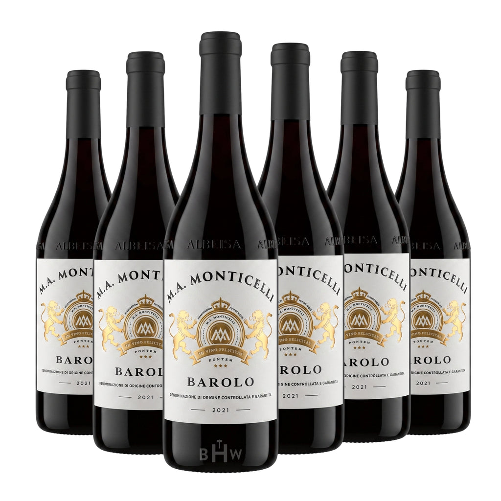 A 6-bottle pack of 2021 M.A. Monticelli Barolo DOCG 750ml red wine, curated by Big Hammer Wines.