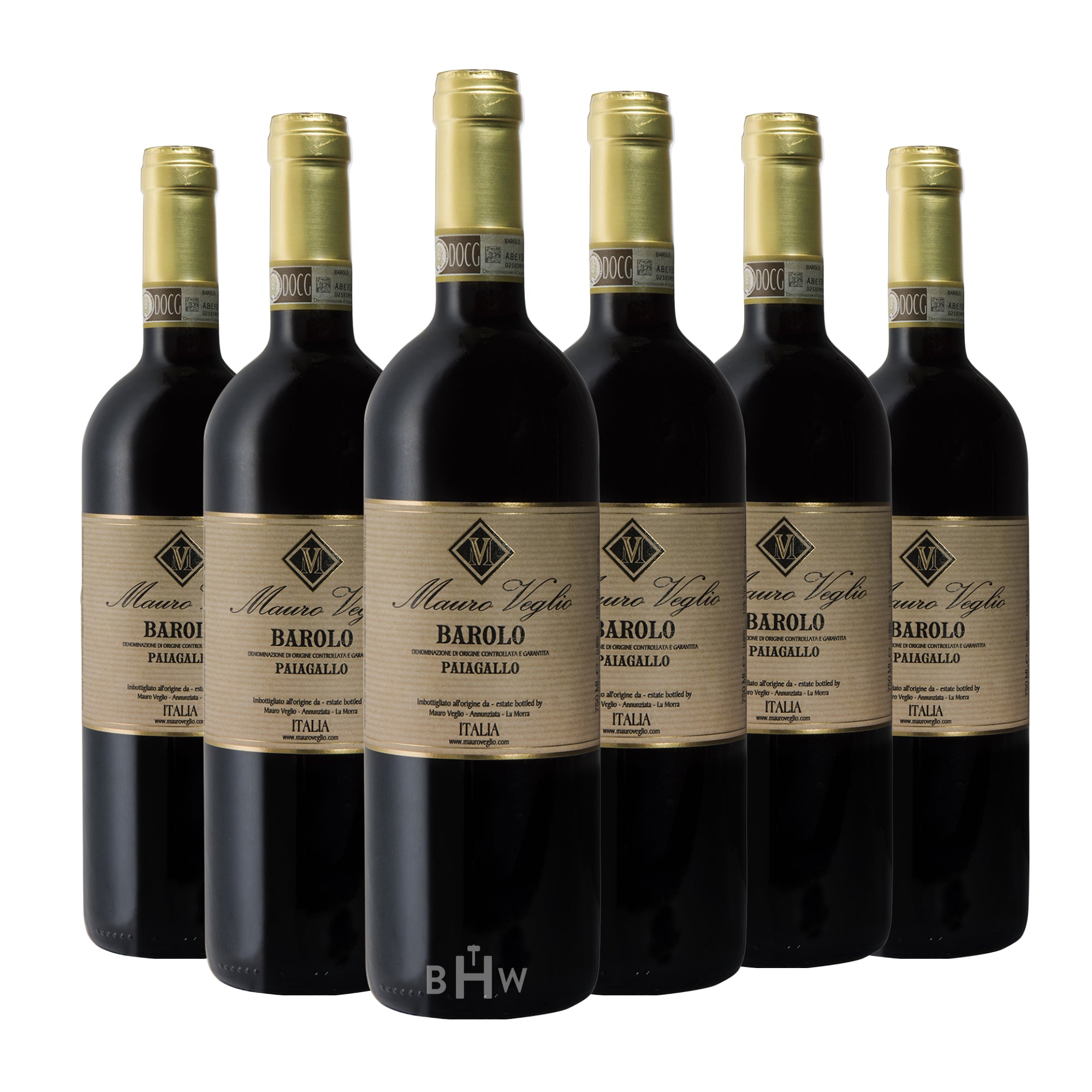 A six-pack of 2021 Mauro Veglio Paiagallo Barolo 750ml wine bottles from Italia, curated by Big Hammer Wines.