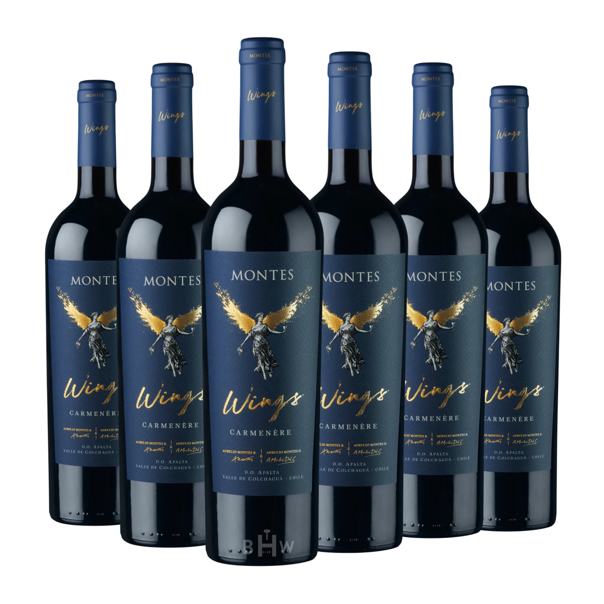 2021 Montes 'Wings' Carmenère Colchagua Valley 6-pack red wine bottles, curated by Big Hammer Wines.