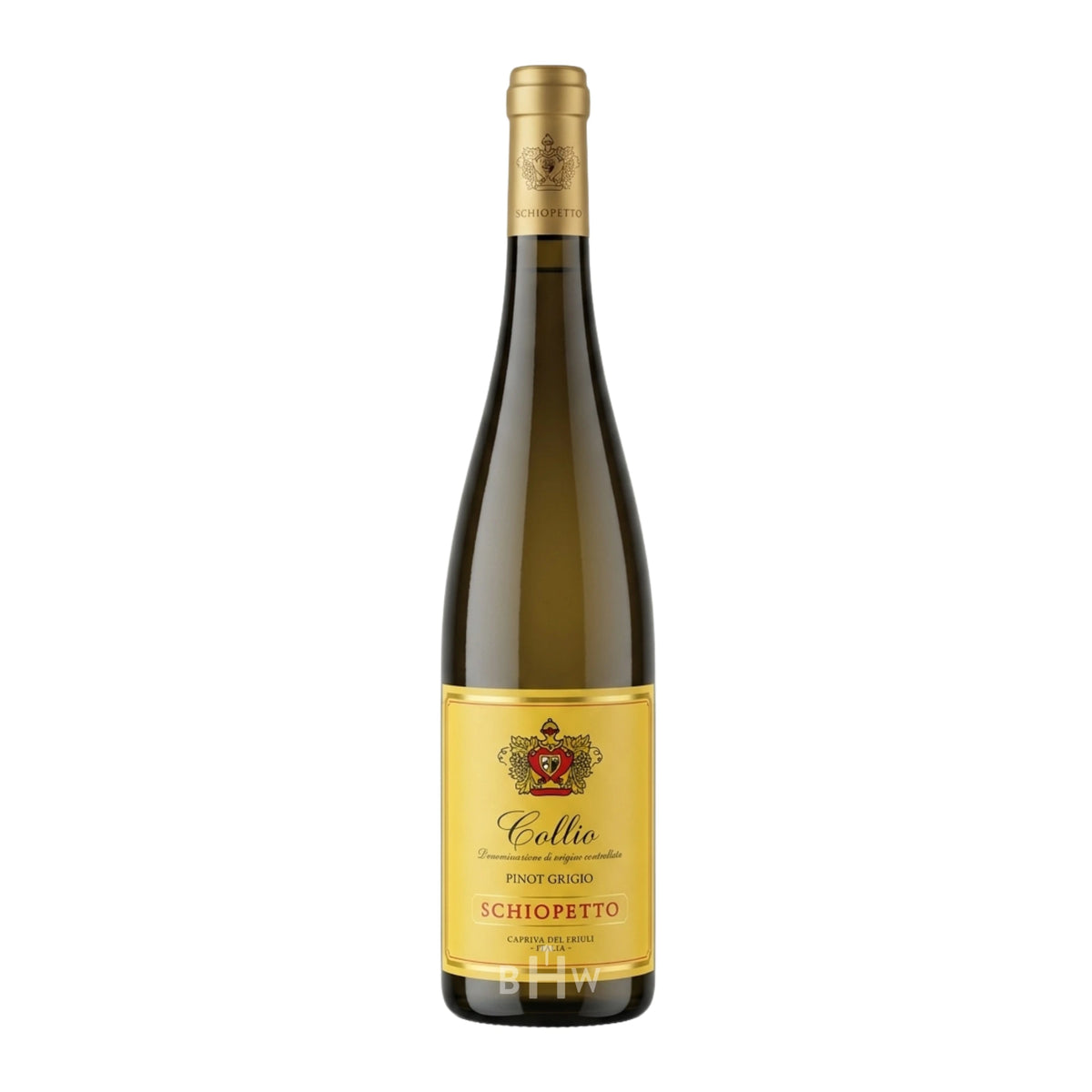 Bottle of 2021 Schiopetto Collio Pinot Grigio featuring a gold label with a crest and matching gold foil, curated by Big Hammer Wines.