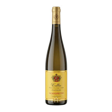 Bottle of 2021 Schiopetto Collio Pinot Grigio featuring a gold label with a crest and matching gold foil, curated by Big Hammer Wines.