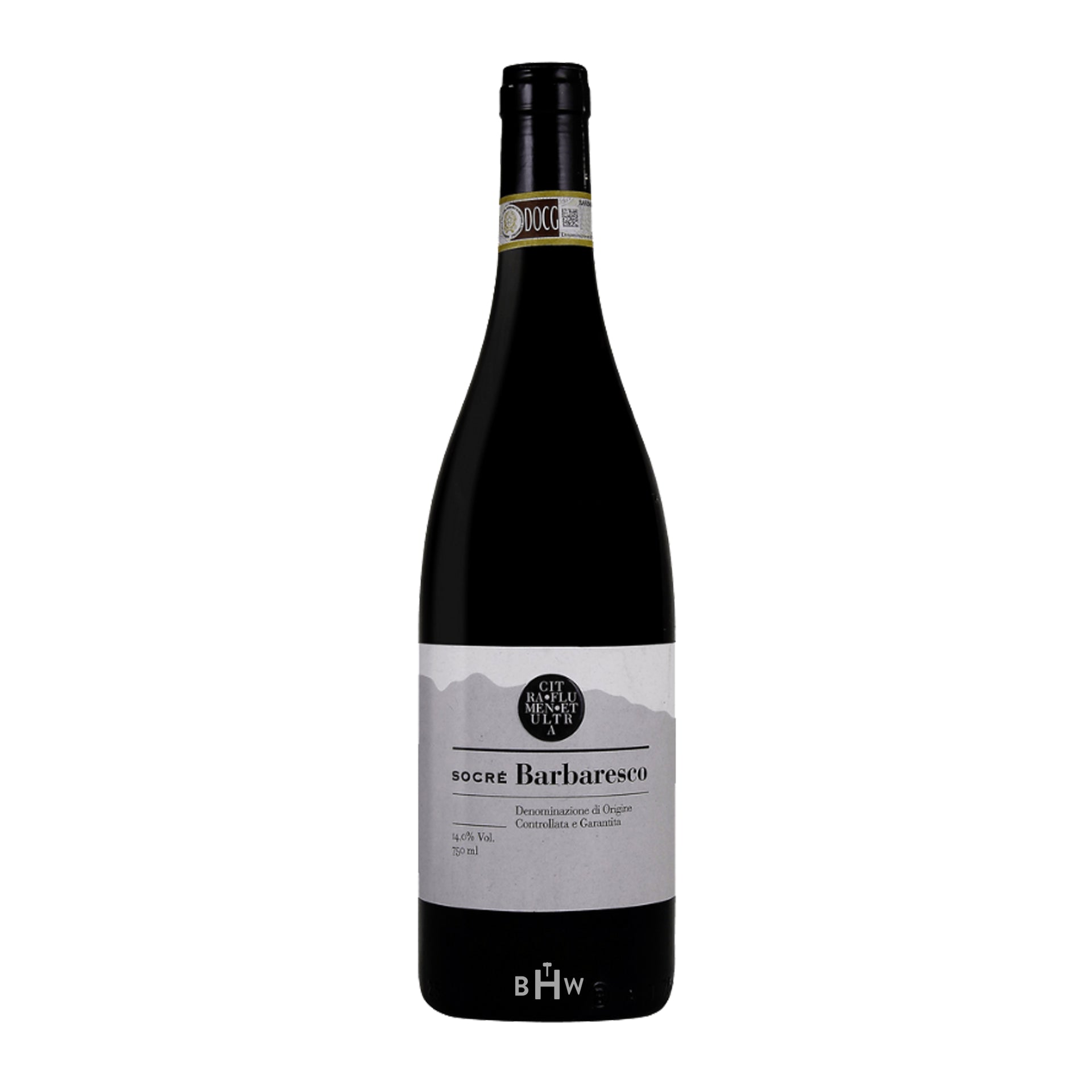 2021 Socre Barbaresco wine bottle with a white background. 