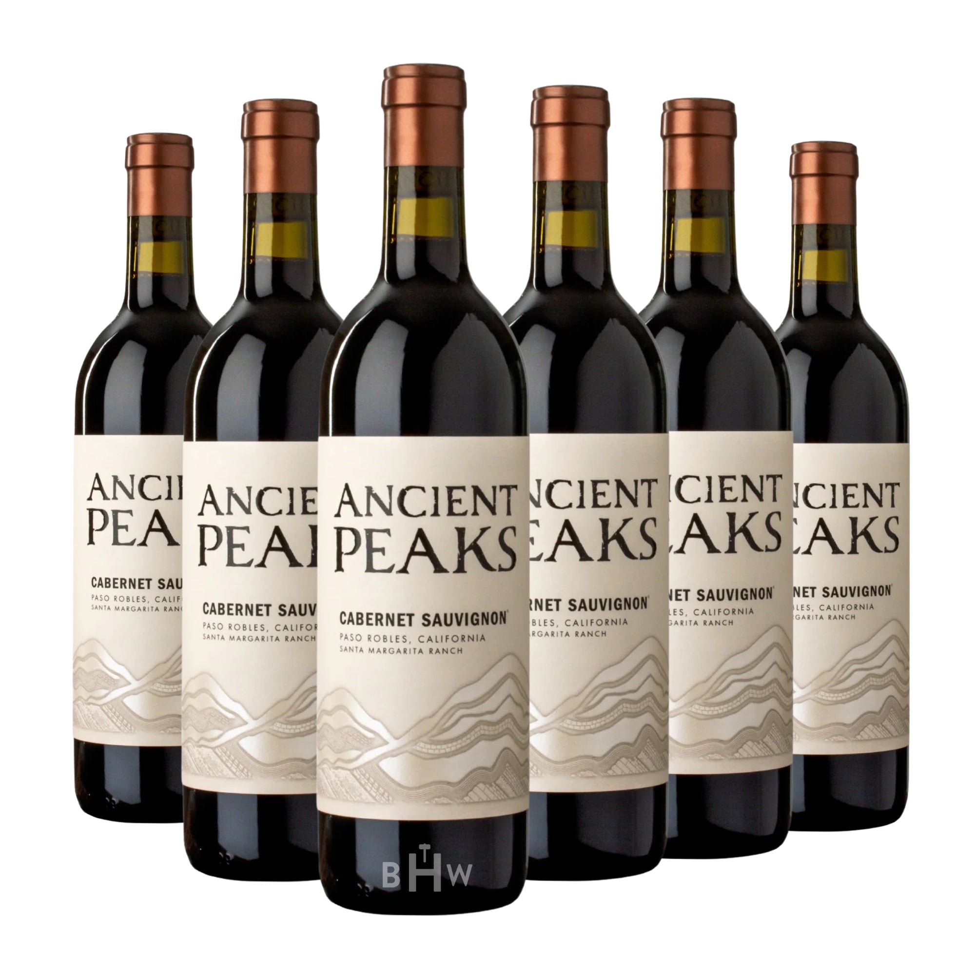 A six-pack of 2022 Ancient Peaks Quarry Cabernet Sauvignon 750ml wine bottles from Paso Robles, curated by Big Hammer Wines.