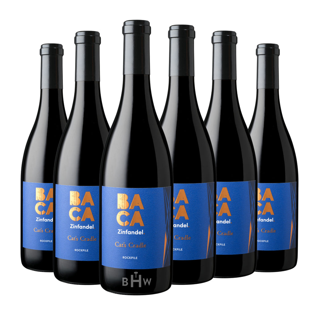 Six bottles of 2022 Baca Cat's Cradle Zinfandel Rockpile wine with blue and gold labels, learn : by Big Hammer Wines