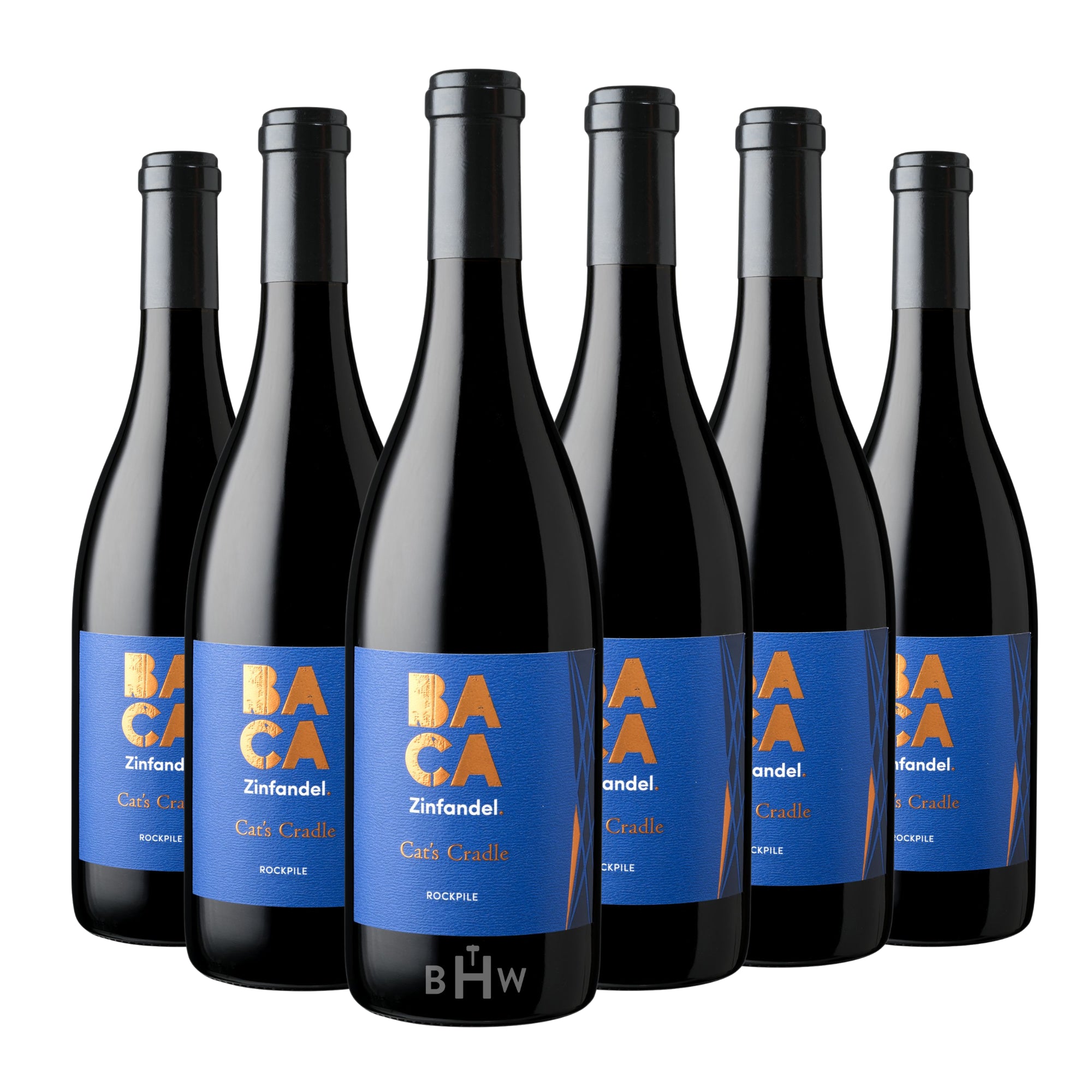 Six bottles of 2022 Baca Cat's Cradle Zinfandel Rockpile wine with blue and gold labels, learn : by Big Hammer Wines