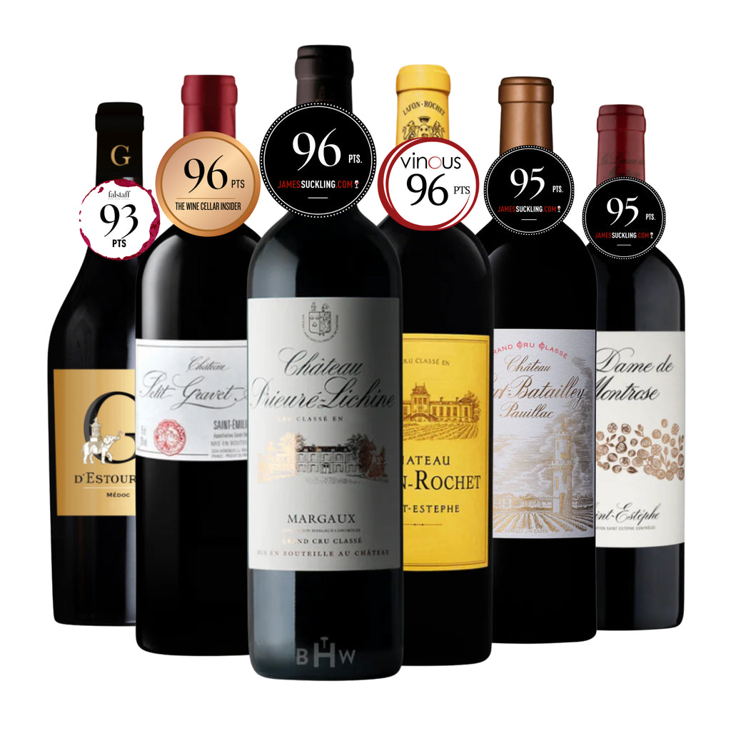 Six highly acclaimed, critic-scored 2022 red Bordeaux bottles from the 2022 Bordeaux Icons 6-Pack collection. Curated by Big Hammer Wines.