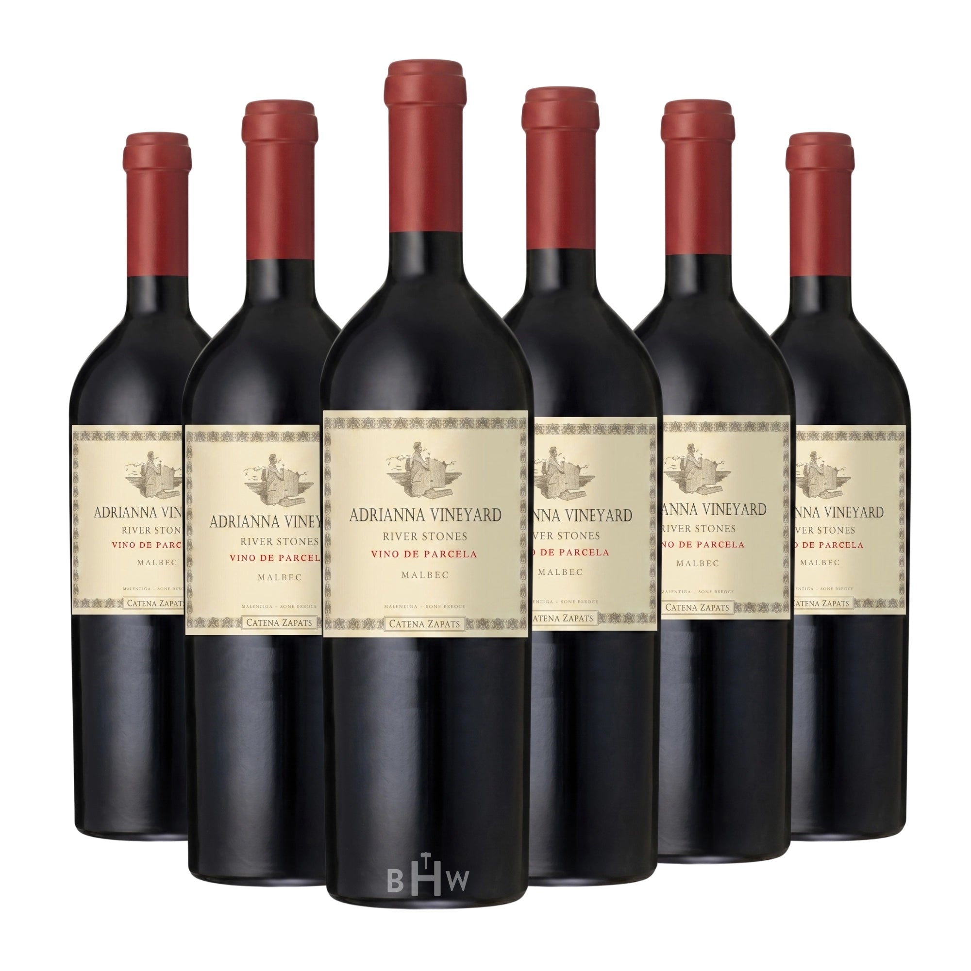 Six bottles of 2022 Catena Zapata Adrianna Vineyard River Stones Malbec red wine, curated by Big Hammer Wines.
