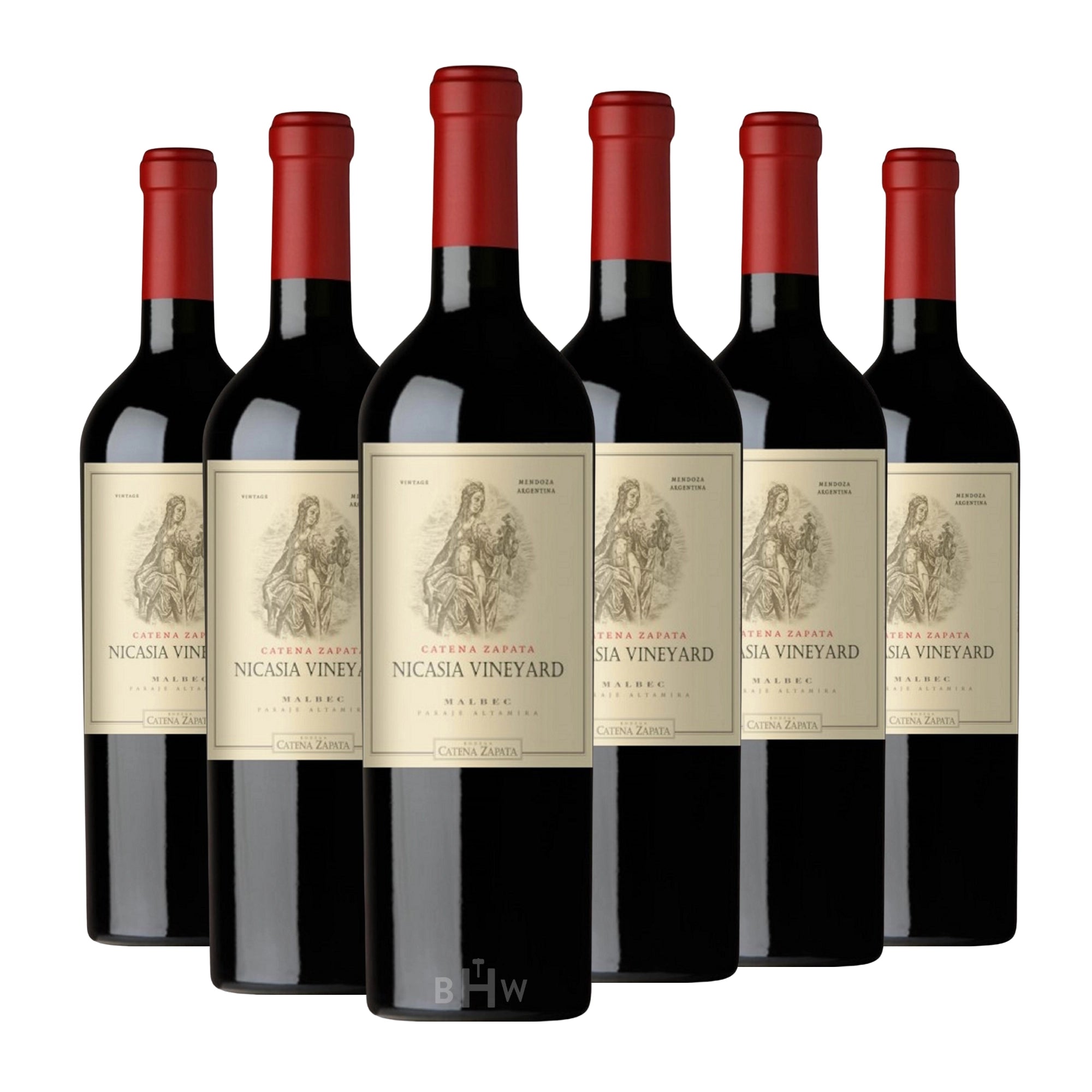 A 6-bottle pack of 2022 Catena Zapata Nicasia Vineyard Malbec Altamira 750ml red wine with a 97-point Vinous badge, curated by Big Hammer Wines.
