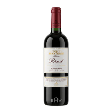Bottle of 2022 Château Briot Bordeaux Rouge featuring a classic white label with gold trim, a red script name, and a red capsule, curated by Big Hammer Wines.