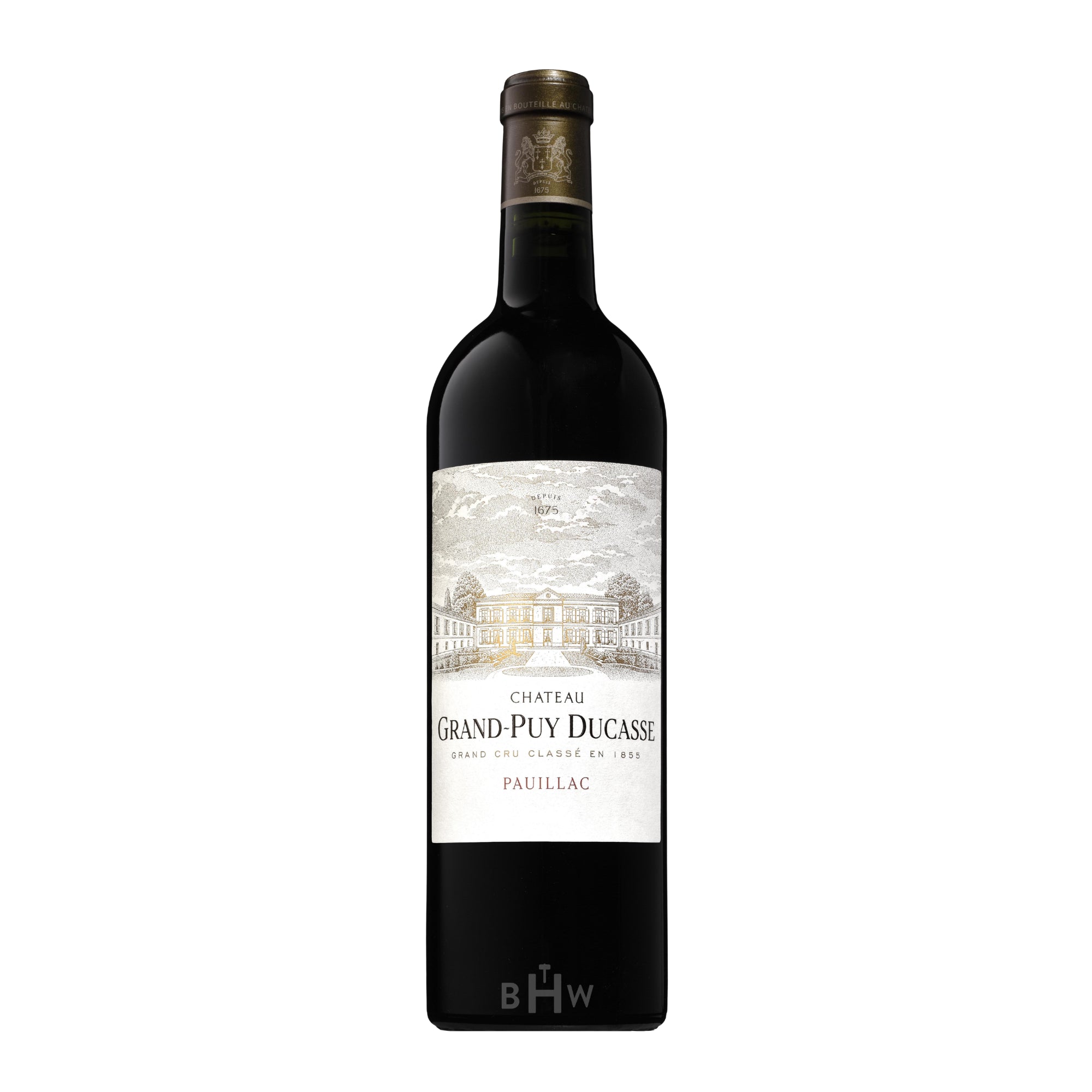 A single bottle of 2022 Château Grand-Puy Ducasse, a Grand Cru Classé from Pauillac, Bordeaux. The elegant white label features a classic sketch of the historic estate and gold lettering, set against a dark bottle with a matching gold capsule. C