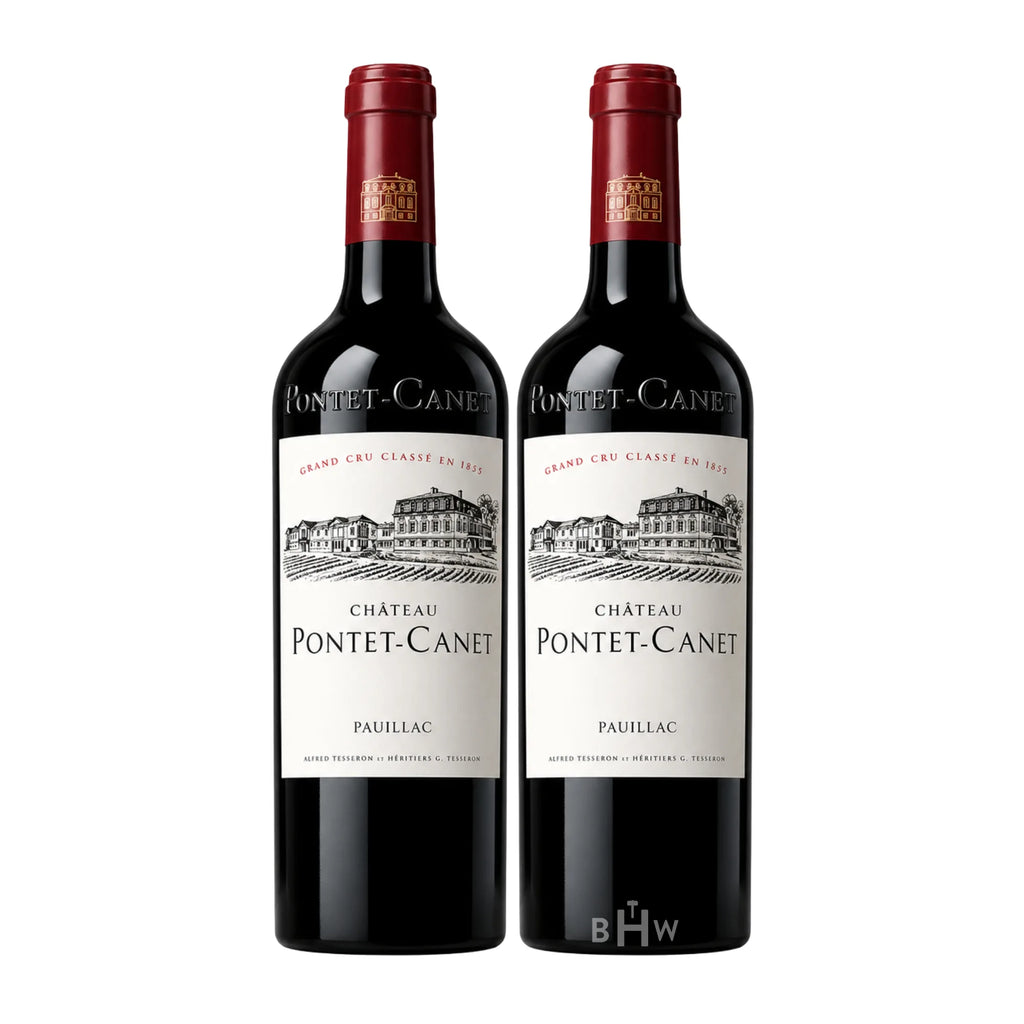 Two red wine bottles of 2022 Chateau Pontet-Canet Pauillac, curated by Big Hammer Wines.