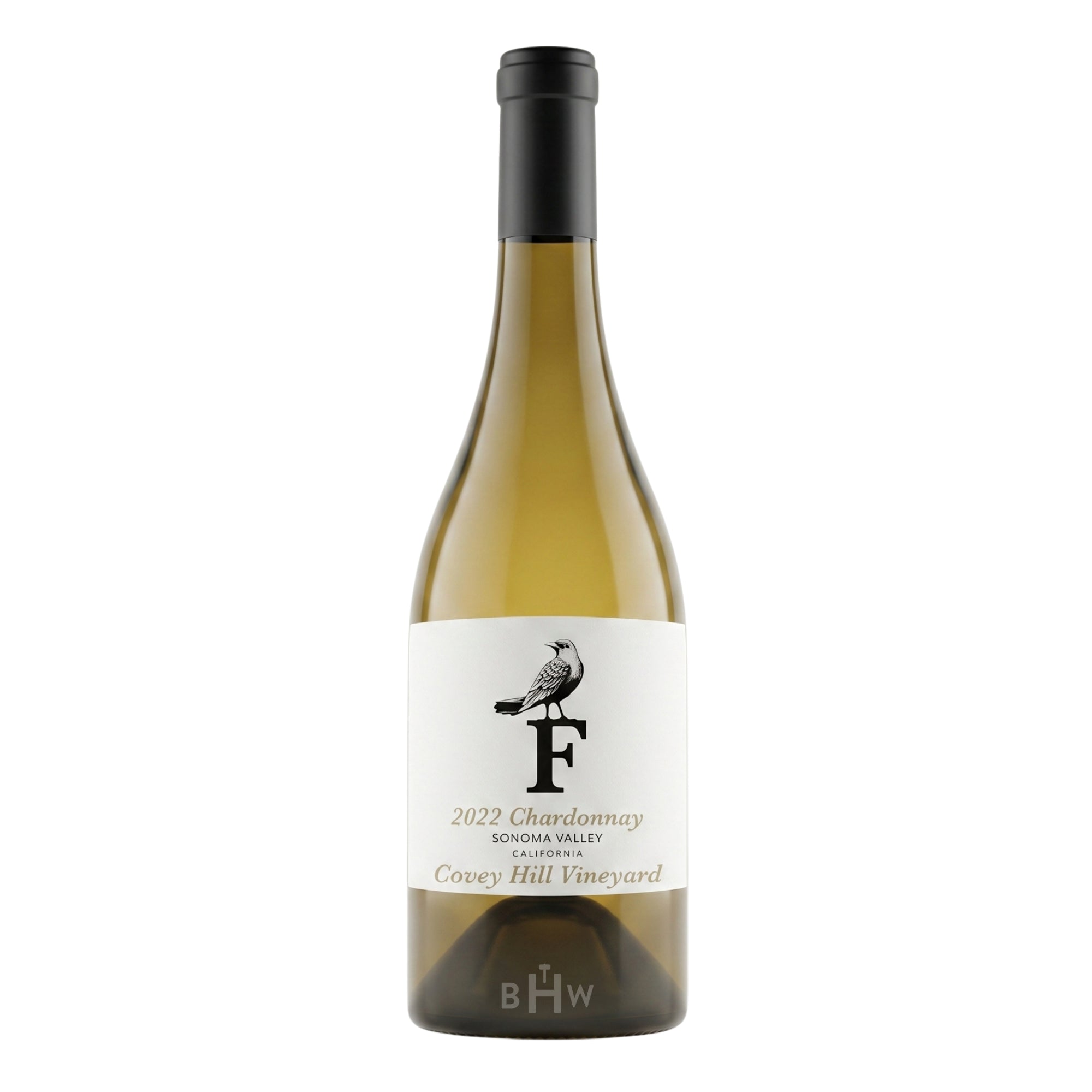 A bottle of 2022 Forthright Chardonnay from Covey Hill Vineyard, Sonoma Valley. The white label features a prominent black letter "F" with a bird perched on top. The wine is a pale straw color in a classic Burgundy-style bottle with a black capsule.