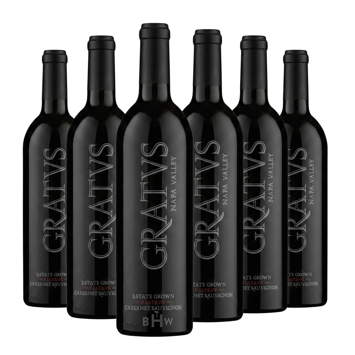 Six bottles of 2022 Gratus Estate Reserve Cabernet Sauvignon Napa Valley featuring vertical silver lettering on dark bottles, curated by Big Hammer Wines.