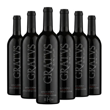 Six bottles of 2022 Gratus Estate Reserve Cabernet Sauvignon Napa Valley featuring vertical silver lettering on dark bottles, curated by Big Hammer Wines.