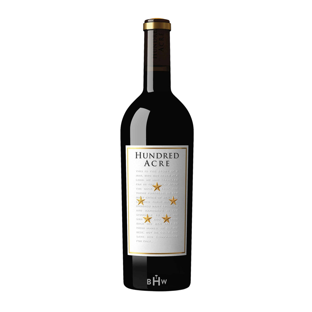 Hundred Acre wine bottle with a white label on a white background