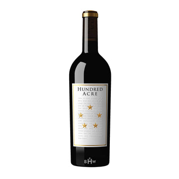 Hundred Acre wine bottle with a white label on a white background