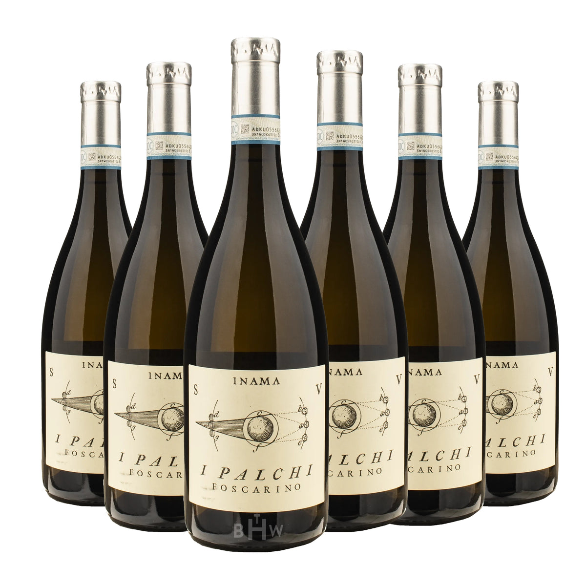 Six bottles of 2022 Inama 'I Palchi Foscarino' Soave Classico Garganega white wine. Curated by Big Hammer Wines.