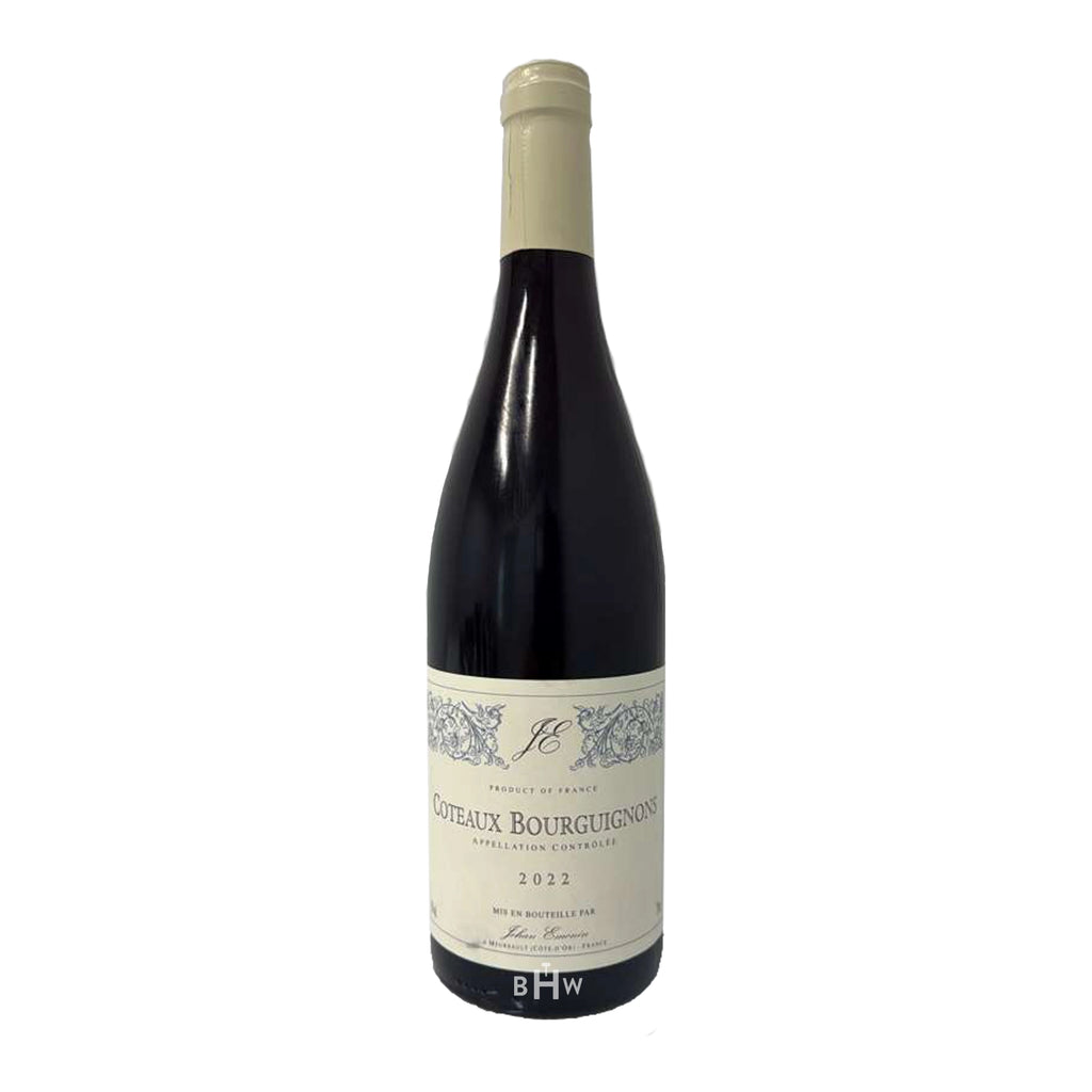 Jehan Emonin Coteaux Bourguignons Rouge wine bottle with a white background. 