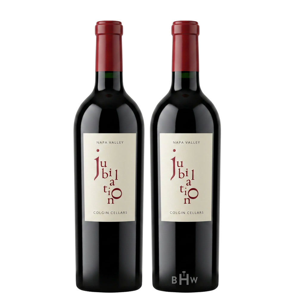 Two 750ml bottles of 2022 Jubilation by Colgin Cellars Napa Valley Cabernet Blend wine featuring off-white labels with stylized red lettering, curated by big hammer wines