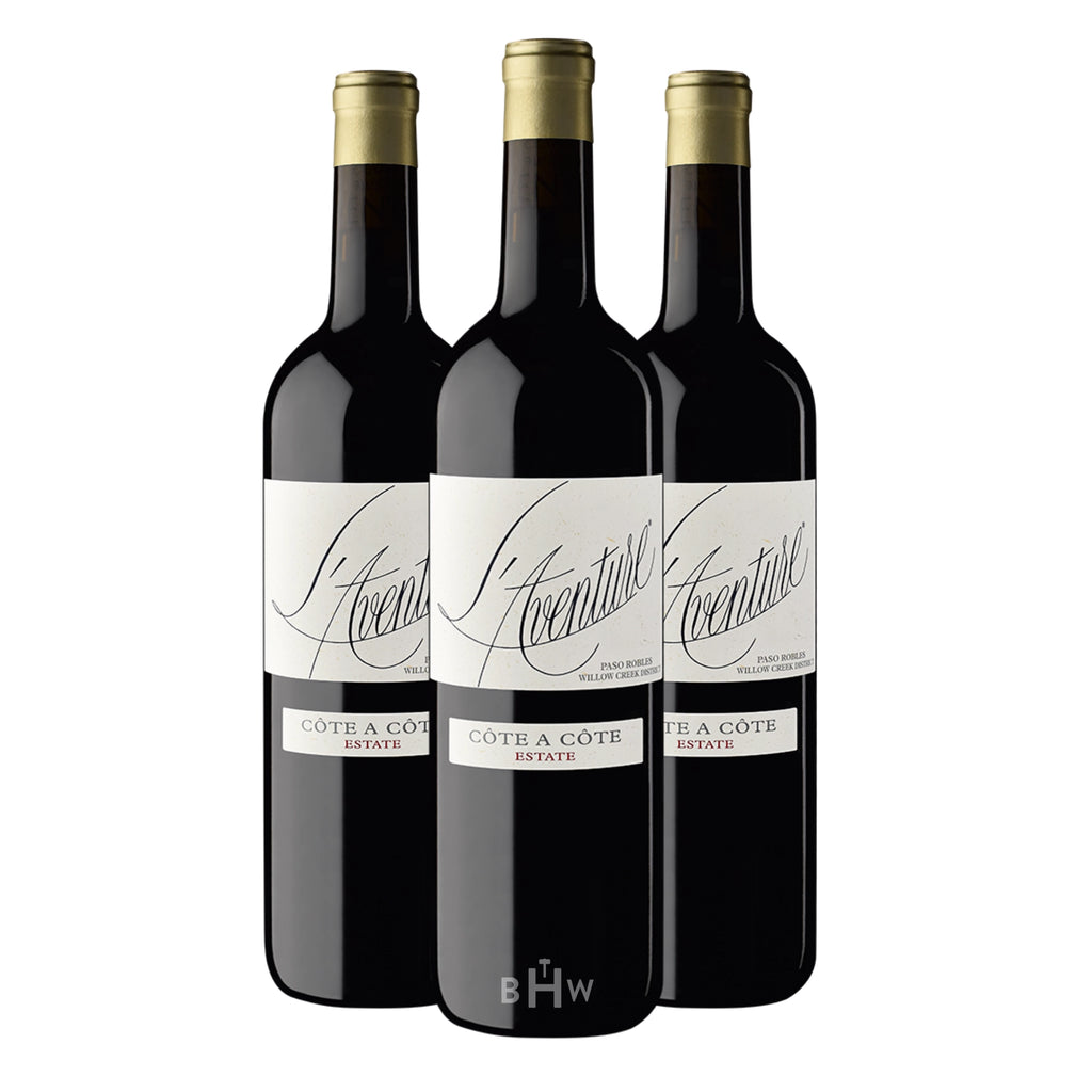 Here is the alt text optimized for accessibility in Klaviyo:

A 3-pack of 2022 L'Aventure Côte a Côte Estate red blend wine bottles from Paso Robles, California, curated by Big Hammer Wines
