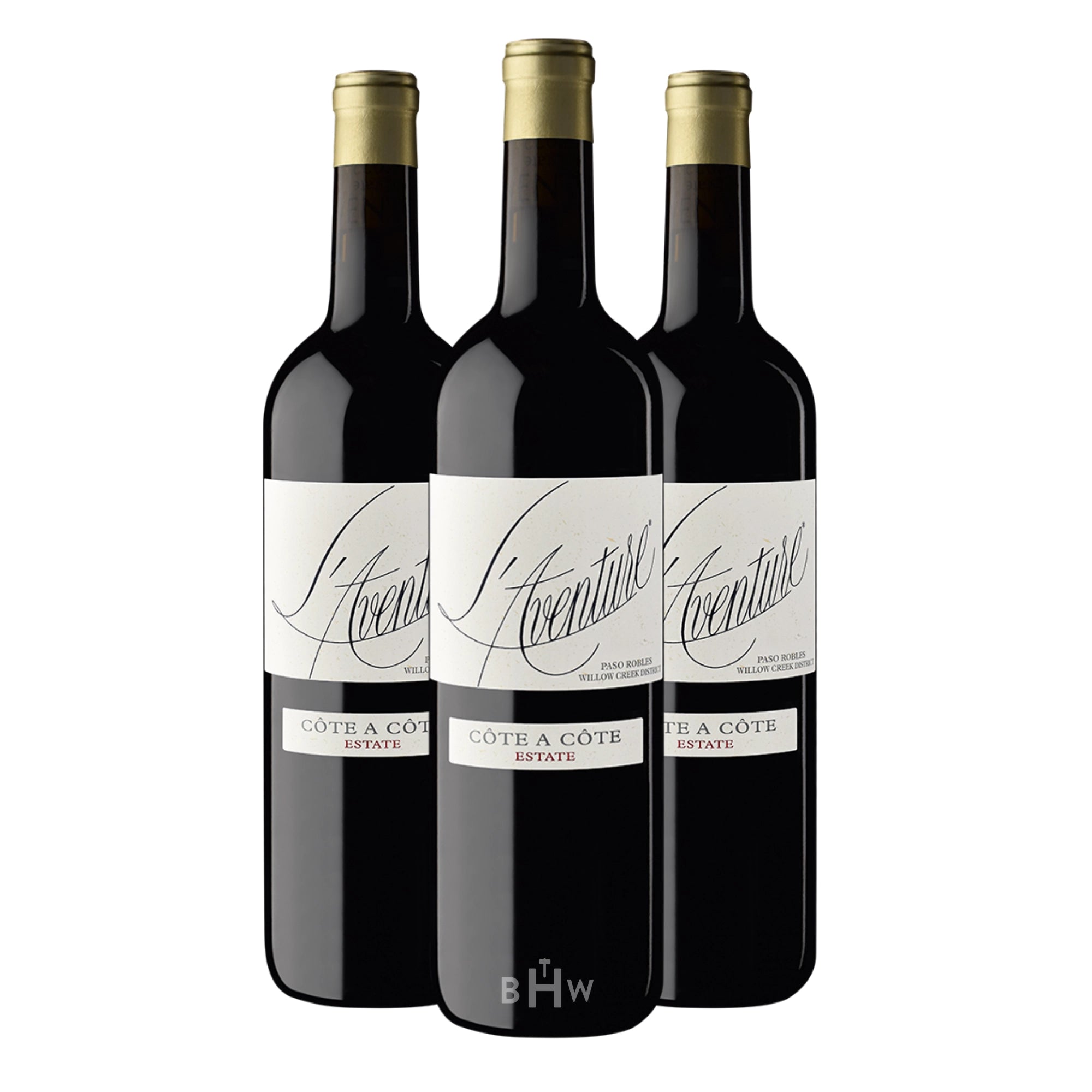 Here is the alt text optimized for accessibility in Klaviyo:

A 3-pack of 2022 L'Aventure Côte a Côte Estate red blend wine bottles from Paso Robles, California, curated by Big Hammer Wines