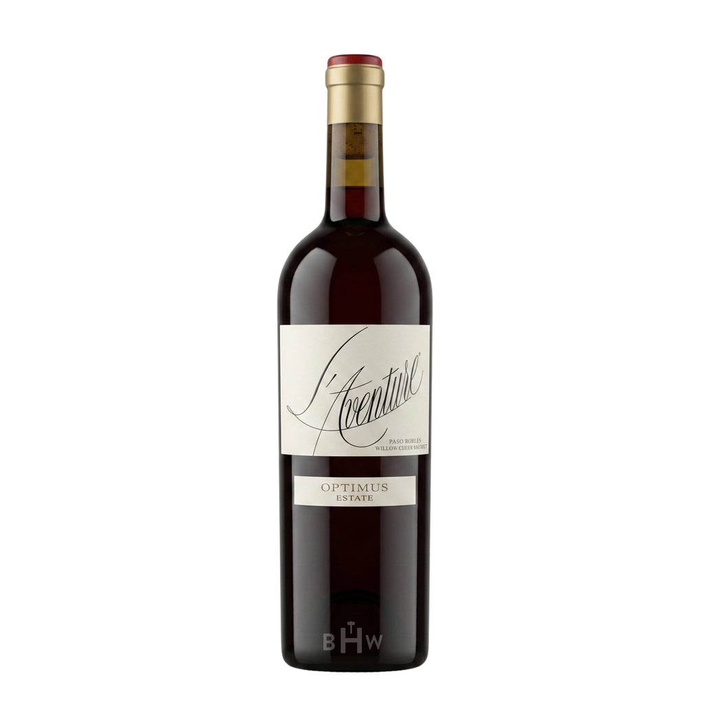 A single bottle of 2022 L'Aventure Optimus Estate red wine from Paso Robles, featuring a white cursive script label and gold capsule, curated by big hammer wines.
