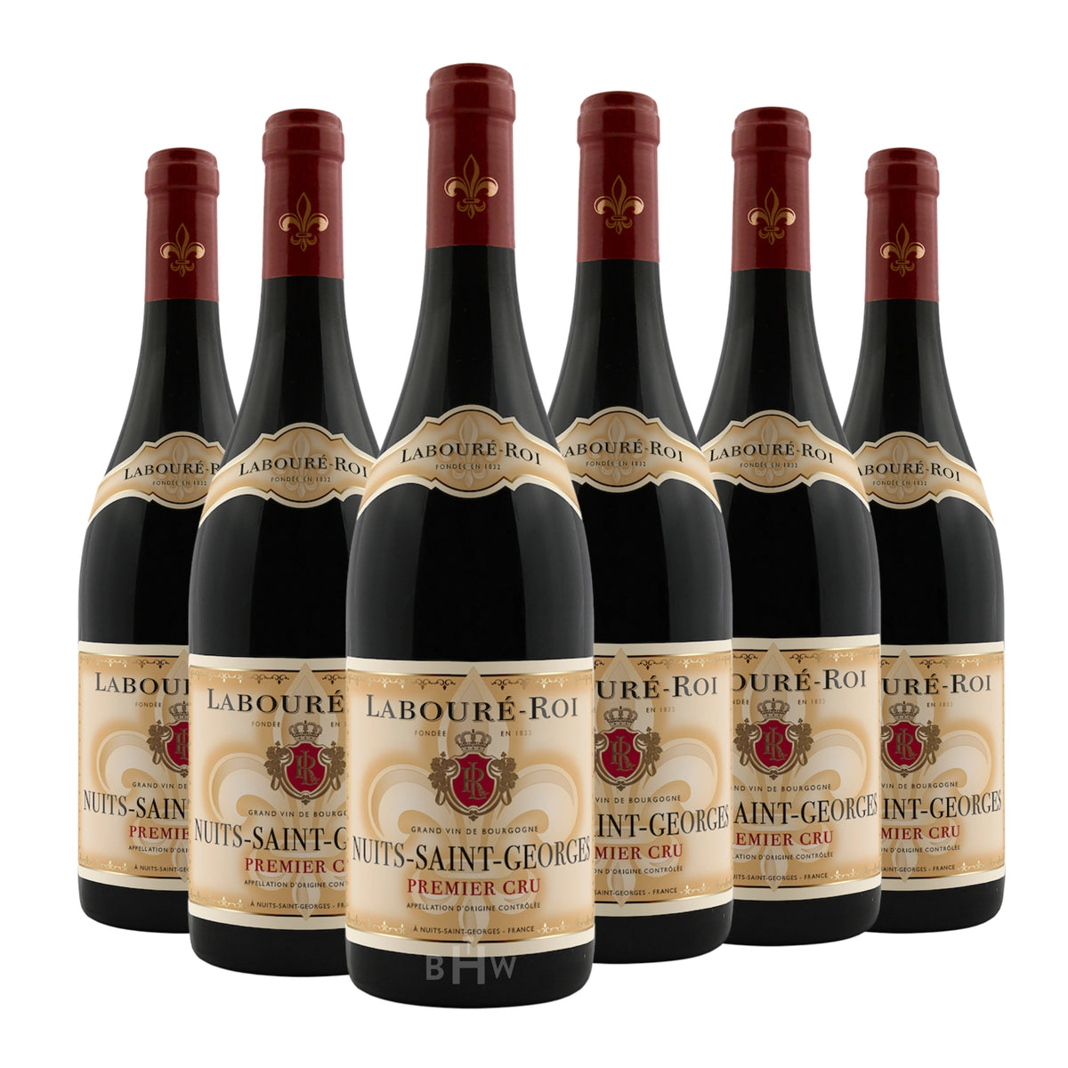 Six bottles of 2022 Labouré-Roi Nuits-Saint-Georges Premier Cru Burgundy red wine. Curated by Big Hammer Wines.