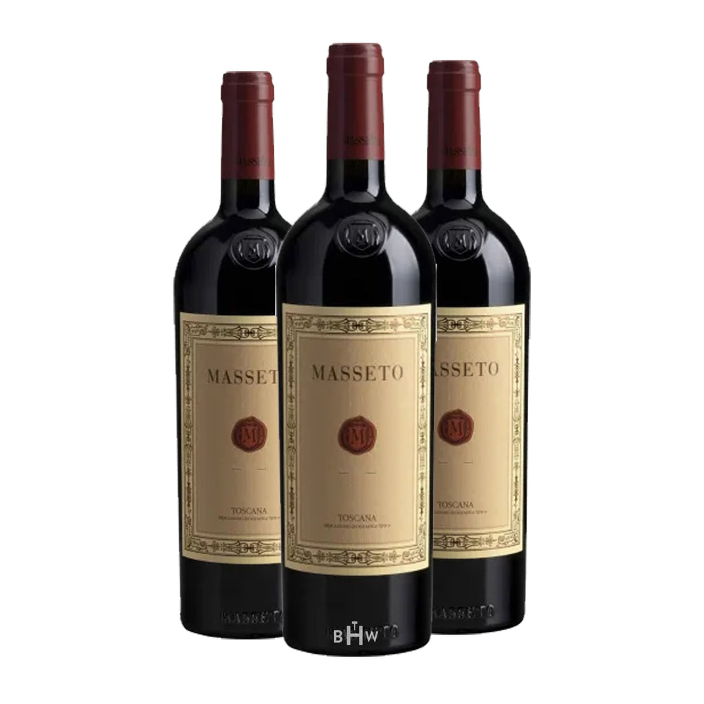 Three bottles of 2022 Masseto Toscana IGT  wine on a white background