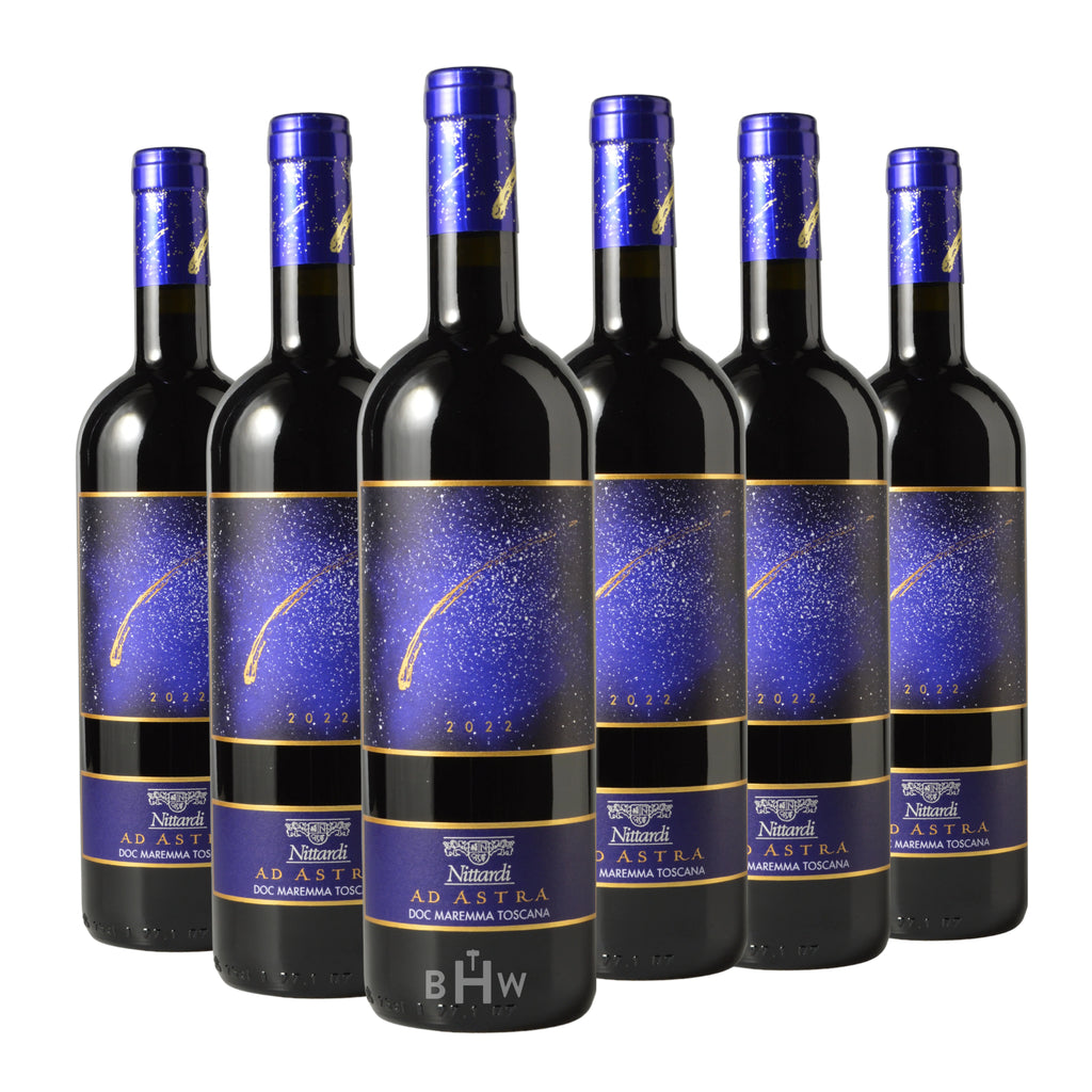 A 6-bottle case of 2022 Nittardi "Ad Astra" Maremma Toscana from Tuscany, Italy. The bottles showcase a vibrant, celestial-themed label depicting a golden shooting star against a deep blue starry night sky, bordered by elegant gold lines. Matching blue foil capsules cover the bottle necks, and the lower label clearly displays the Nittardi estate crest and "Ad Astra" branding. Curated by Big Hammer Wines.