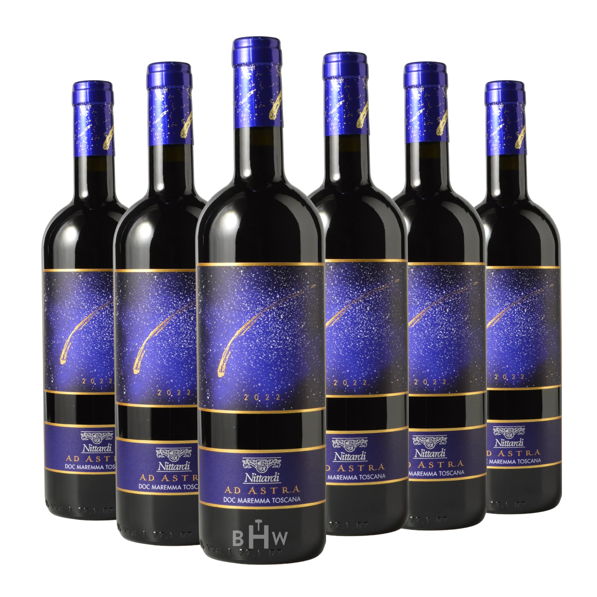 A 6-bottle case of 2022 Nittardi "Ad Astra" Maremma Toscana from Tuscany, Italy. The bottles showcase a vibrant, celestial-themed label depicting a golden shooting star against a deep blue starry night sky, bordered by elegant gold lines. Matching blue foil capsules cover the bottle necks, and the lower label clearly displays the Nittardi estate crest and "Ad Astra" branding. Curated by Big Hammer Wines.