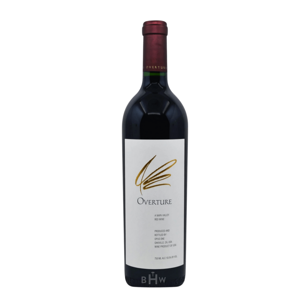 Red wine bottle with 'Overture' label on a white background