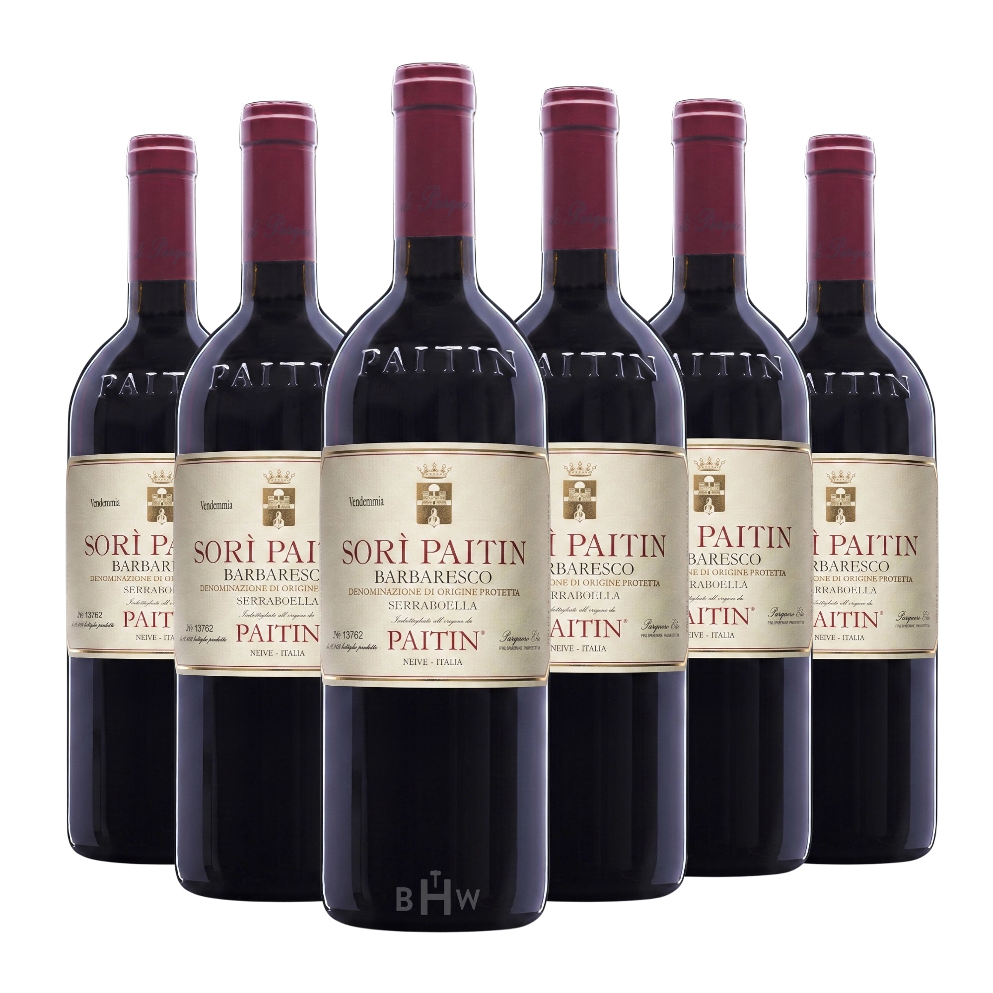 Six bottles of 2022 Paitin Sorì Paitin Barbaresco Serranoella Nebbiolo red wine. Curated by Big Hammer Wines.