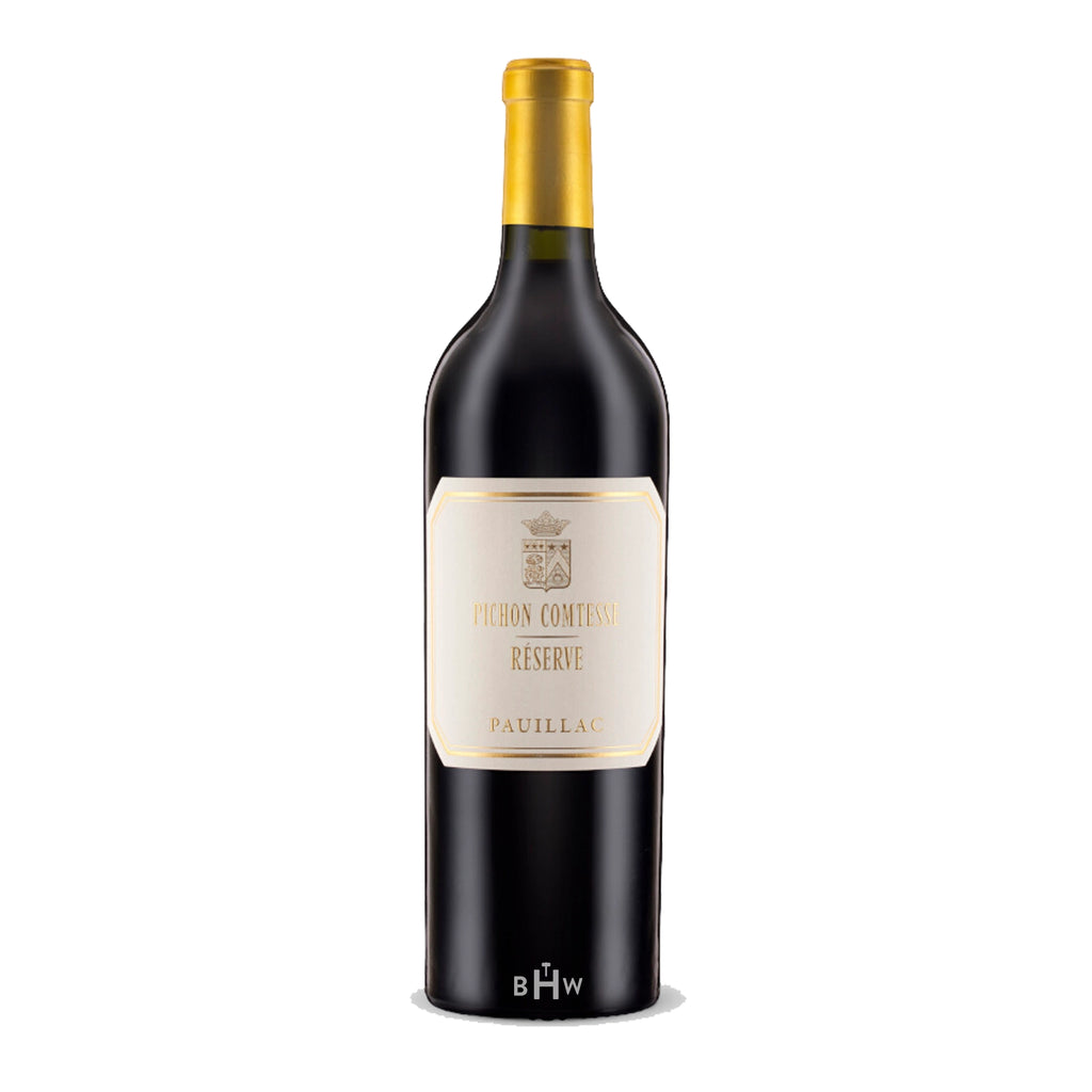 2022 Pichon Comtesse wine bottle with gold foil cap and white label on a white background