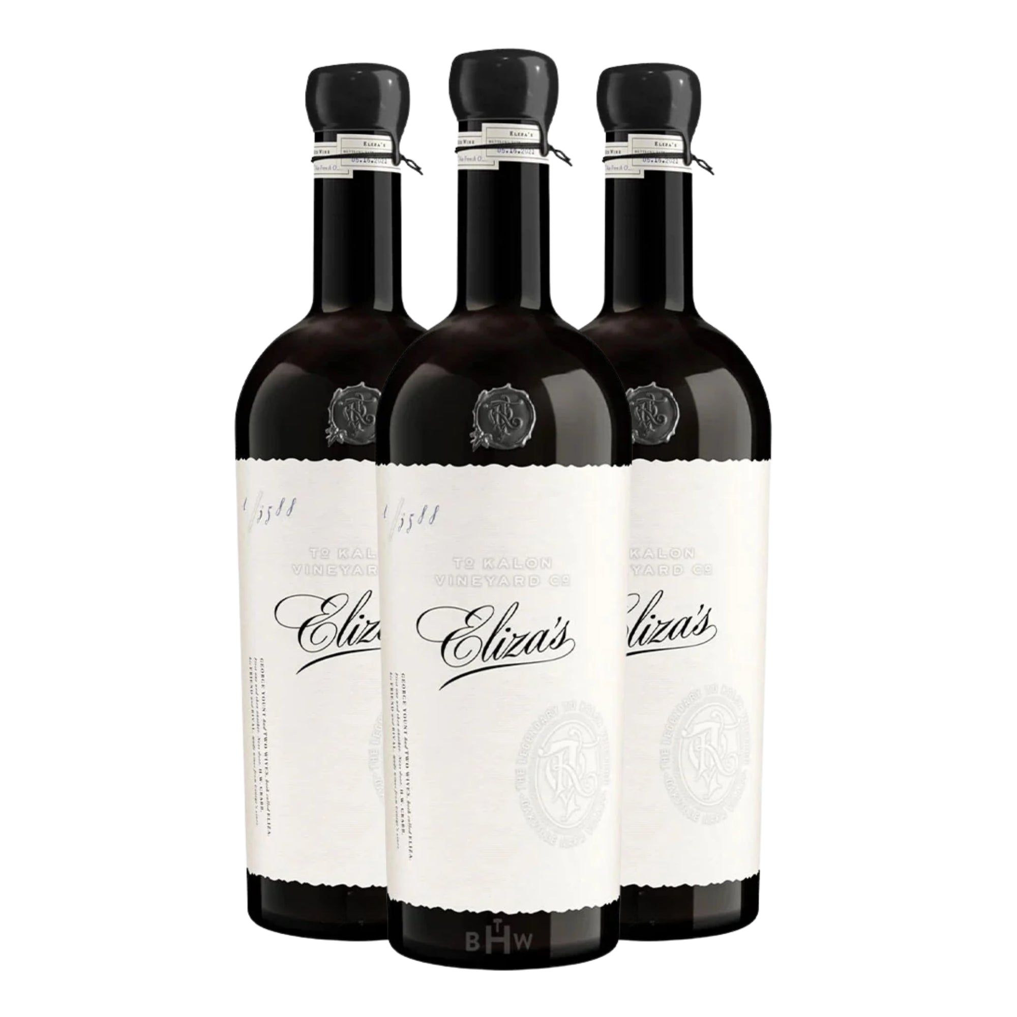 Three bottles of 2022 To Kalon Vineyard Co. Eliza's Red Wine from Oakville, Napa Valley, arranged in a trio. The dark glass bottles feature elegant white labels with "Eliza's" in black script, black wax-dipped seals, and unique hand-numbered markings. Curated by Big Hammer Wines.