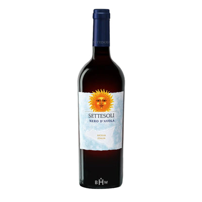 Wine bottle with a label featuring a sun design on a white background