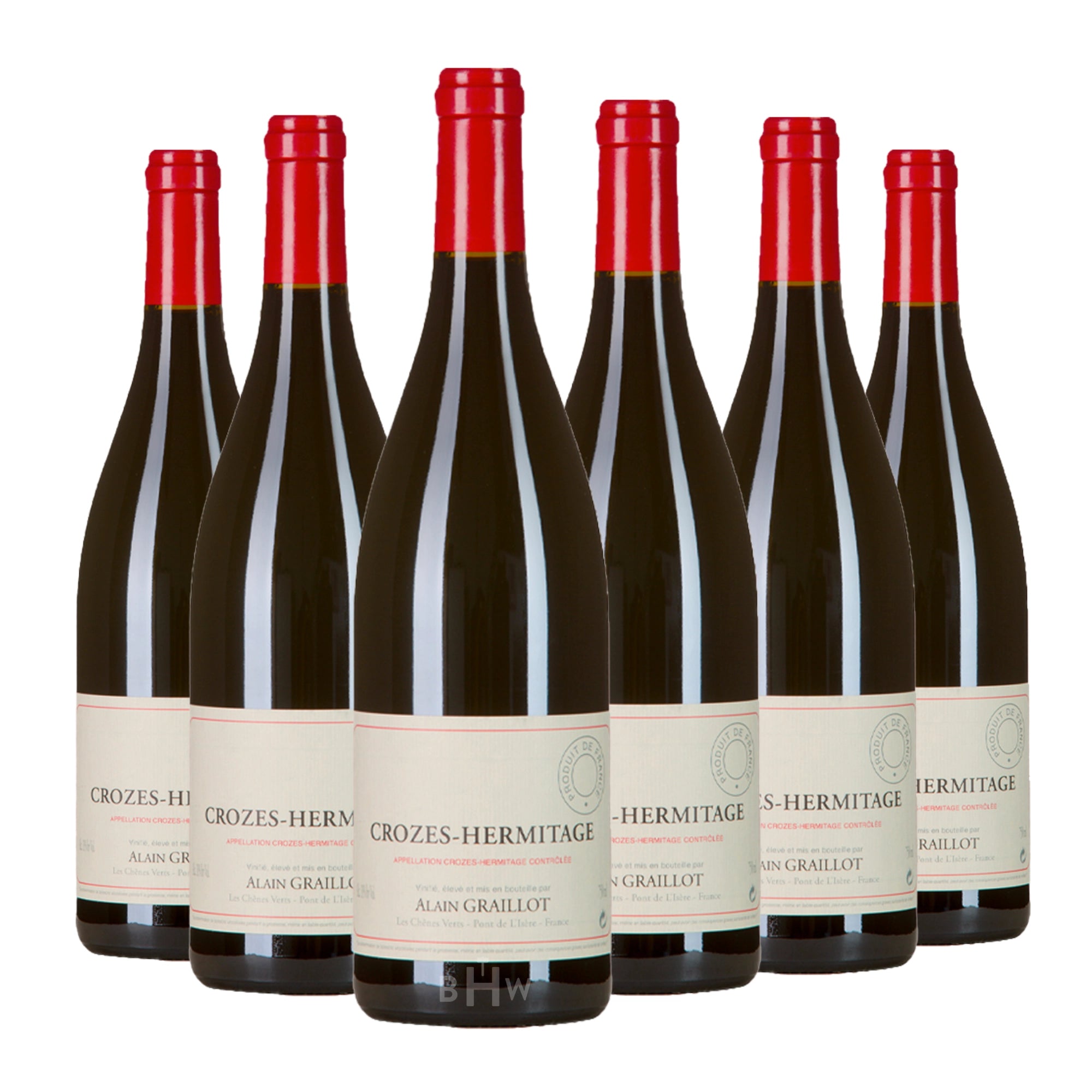 Six bottles of 2023 Alain Graillot Crozes-Hermitage Syrah red wine featuring cream labels and red foil capsules, arranged in a group. Curated by Big Hammer Wines.