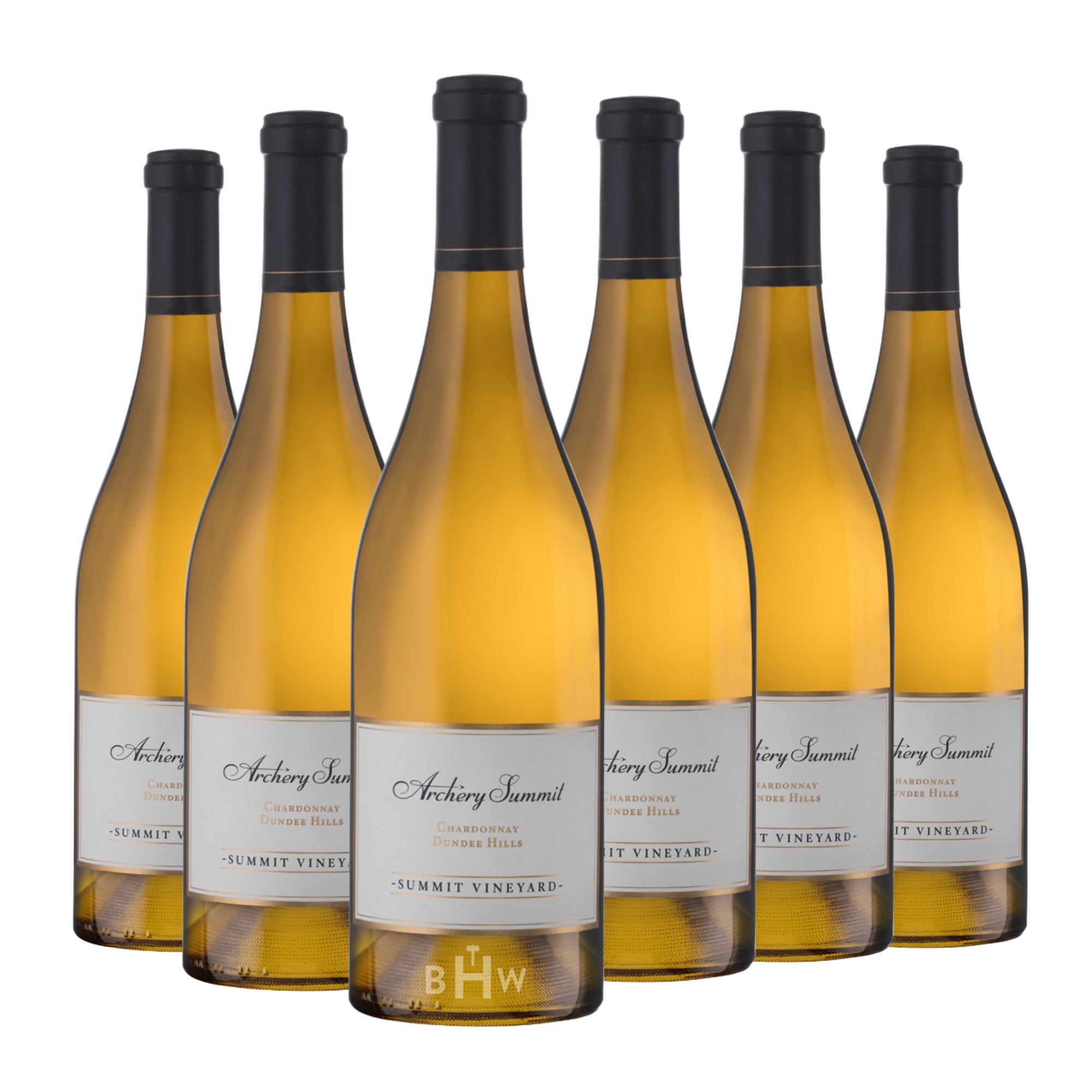 Six bottles of 2023 Archery Summit Chardonnay Dundee Hills white wine with white and gold labels, curated by big hammer wines
