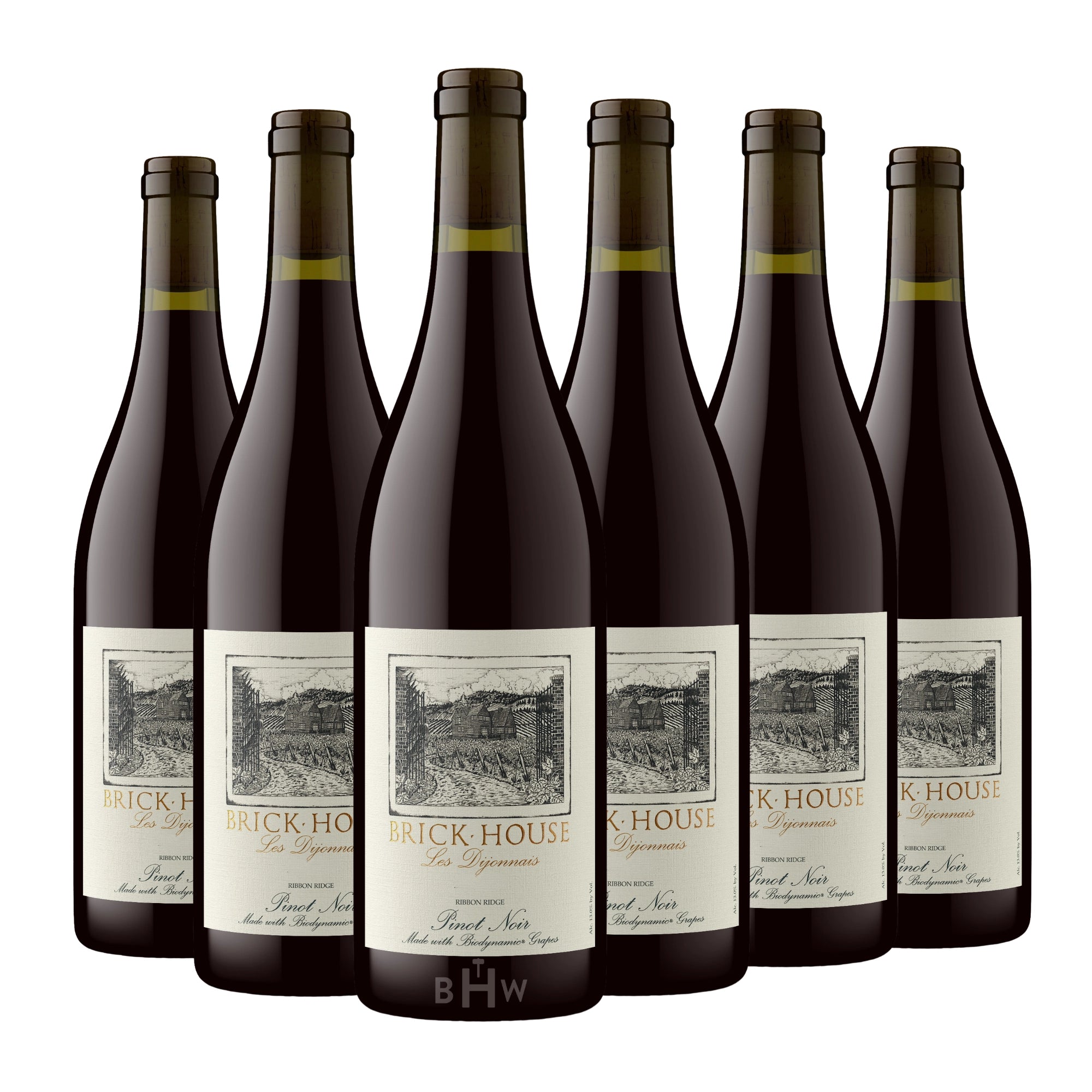 A 6-bottle pack of 2023 Brick House Vineyards Les Dijonnais Pinot Noir Ribbon Ridge 750ml red wine, curated by Big Hammer Wines.