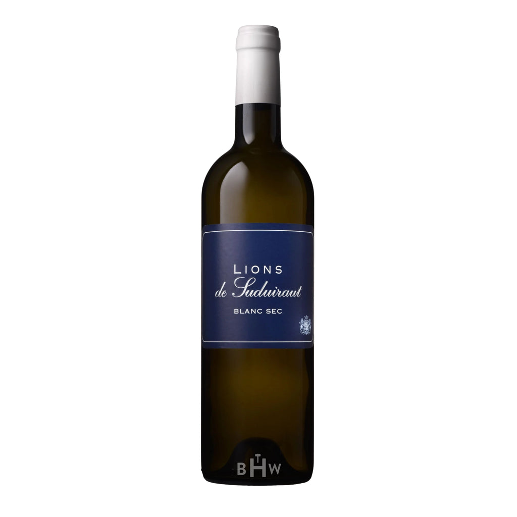 A bottle of 2023 Chateau Suduiraut Lions de Suduiraut Blanc Bordeaux with a dark blue label and white capsule, curated by Big Hammer Wines.