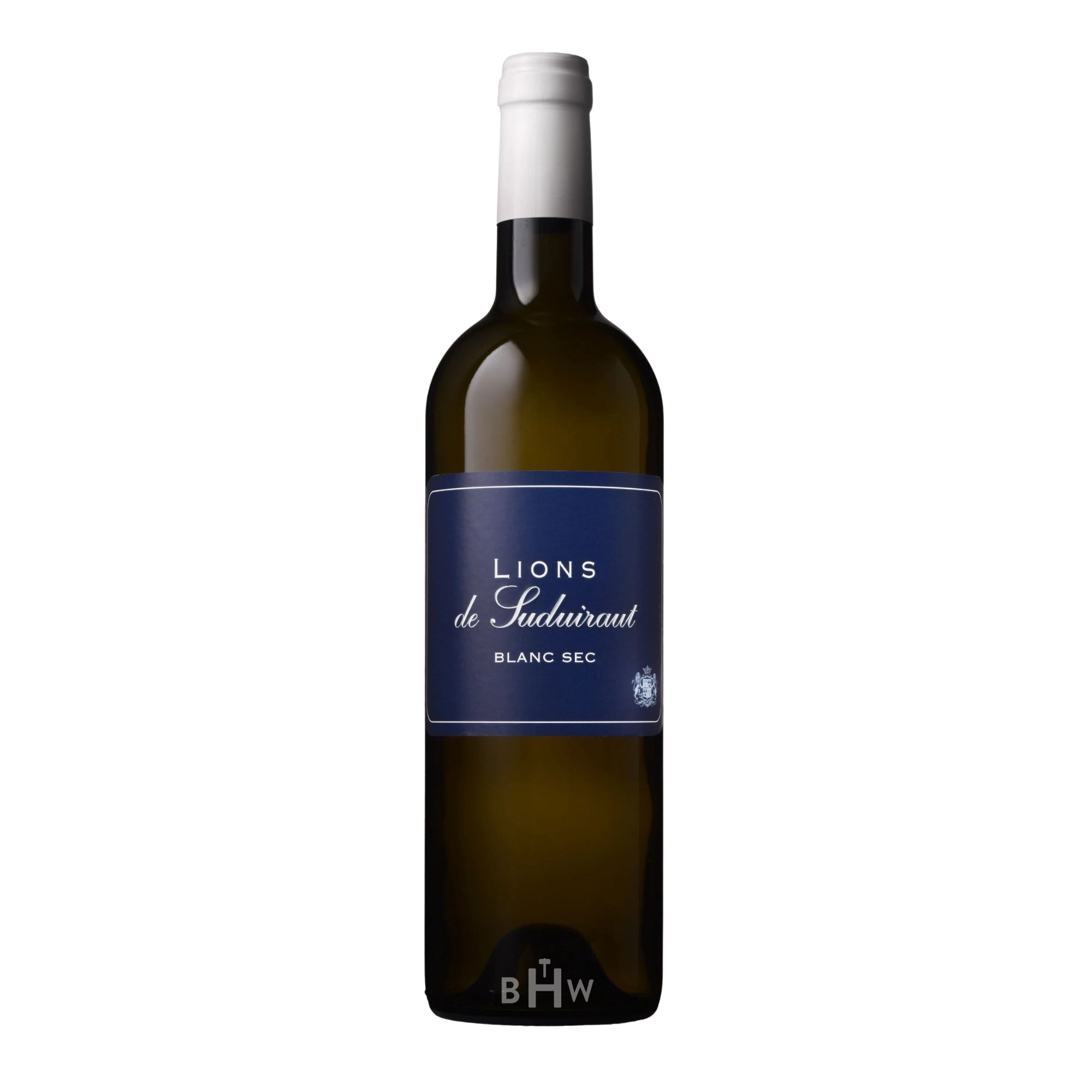 A bottle of 2023 Chateau Suduiraut Lions de Suduiraut Blanc Bordeaux with a dark blue label and white capsule, curated by Big Hammer Wines.