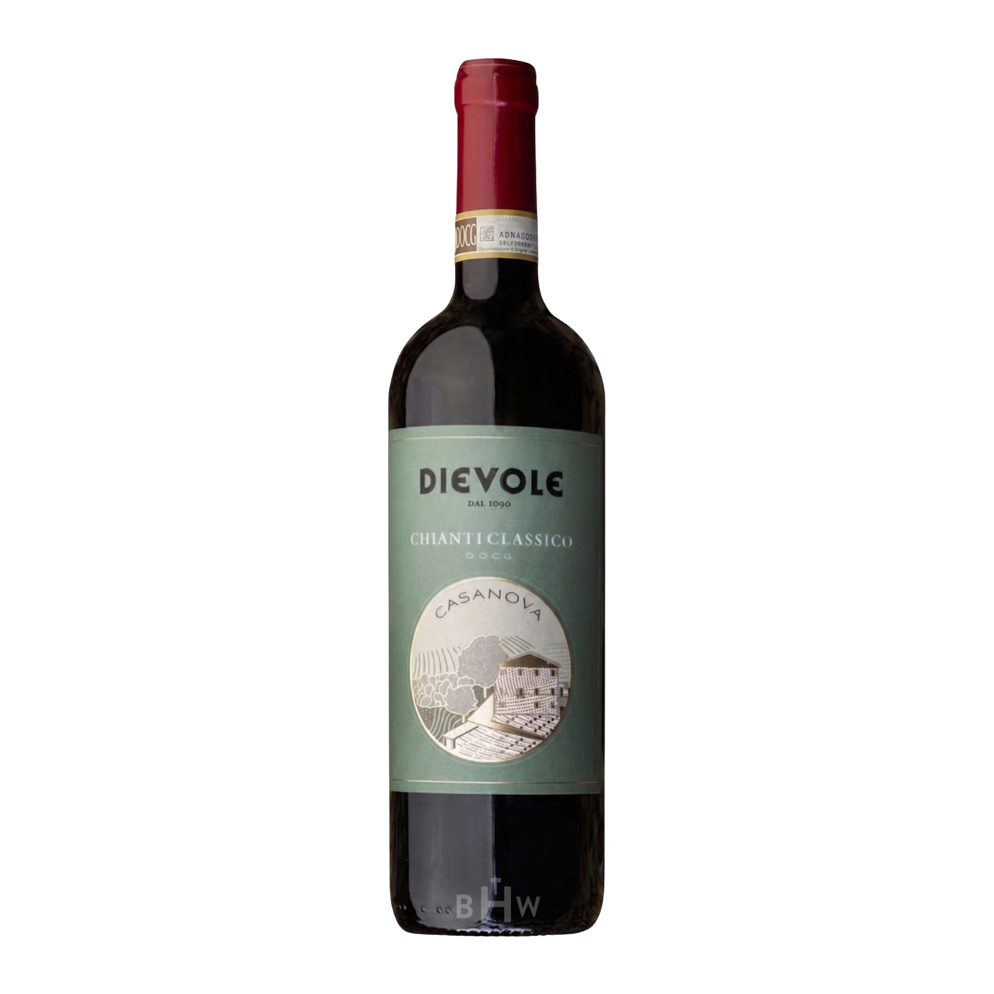A single bottle of 2023 Dievole 'Casanova' Chianti Classico DOCG Italian red wine. The bottle features a deep red foil capsule and a sage green label. The label prominently displays the "DIEVOLE" brand name, the "CASANOVA" vineyard designation, and a circular gold-toned illustration of a historic Tuscan villa surrounded by vineyards.