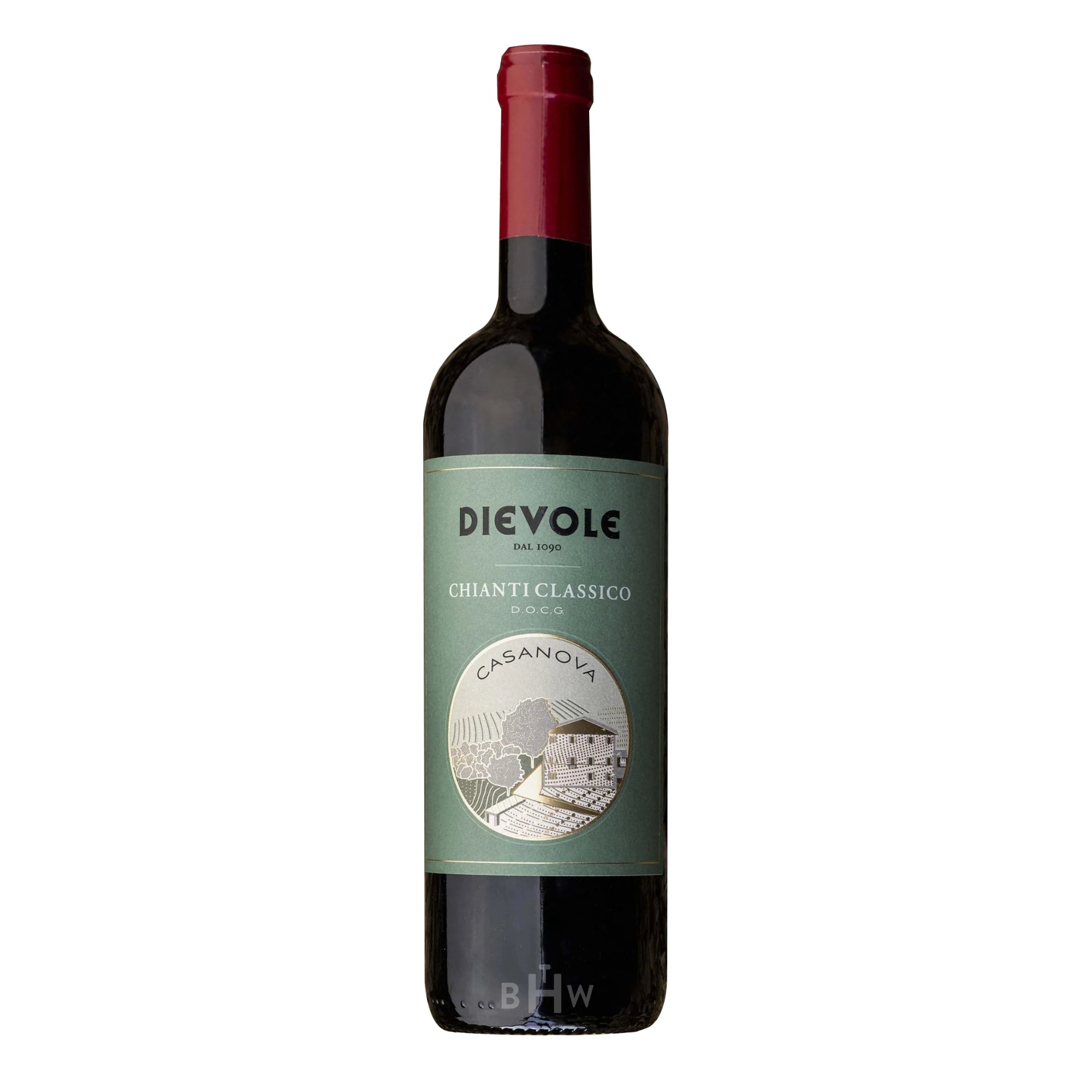 A single bottle of 2023 Dievole 'Casanova' Chianti Classico DOCG Italian red wine. The bottle features a deep red foil capsule and a sage green label. The label prominently displays the "DIEVOLE" brand name, the "CASANOVA" vineyard designation, and a circular gold-toned illustration of a historic Tuscan villa surrounded by vineyards.