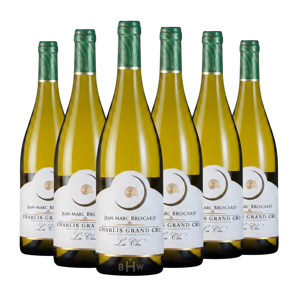 Six bottles of 2023 Jean-Marc Brocard Chablis Grand Cru Les Clos Chardonnay white wine. Curated by Big Hammer Wines.