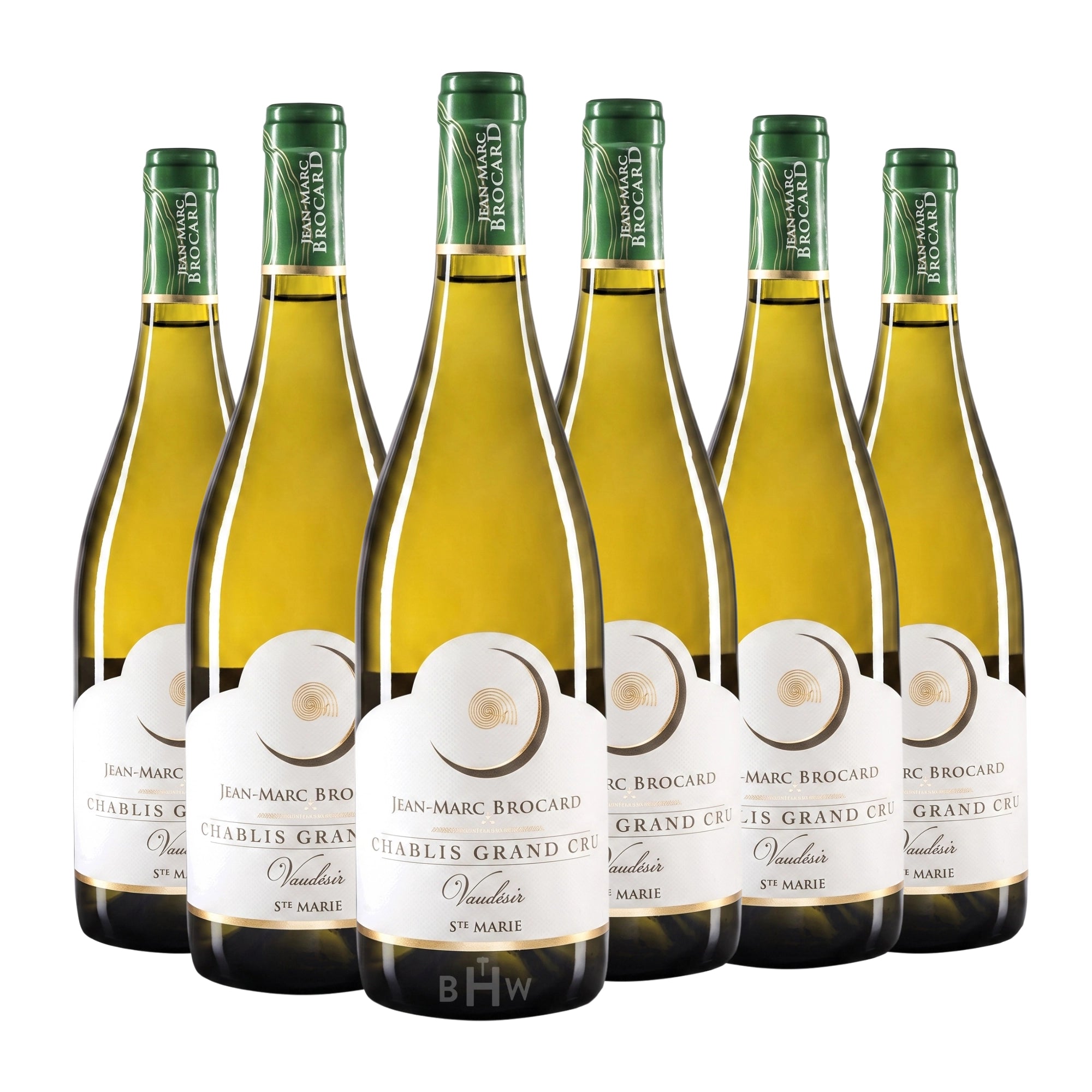 Six bottles of 2023 Jean-Marc Brocard Chablis Grand Cru Vaudésir Chardonnay white wine. Curated by Big Hammer Wines.