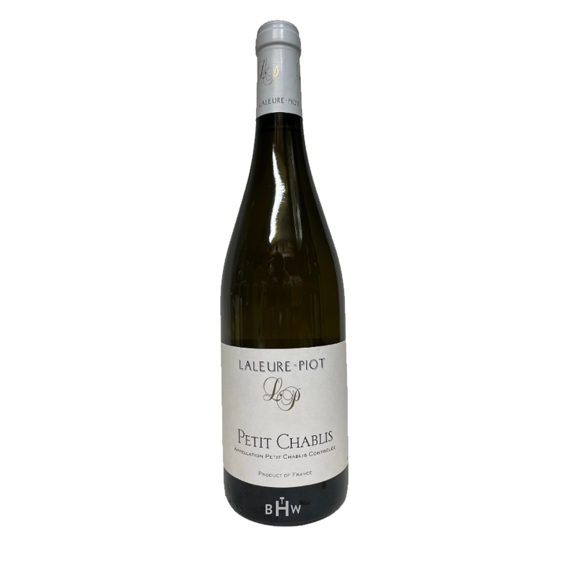 Wine bottle labeled 'Petit Chablis' by Laleure-Piot on a white background