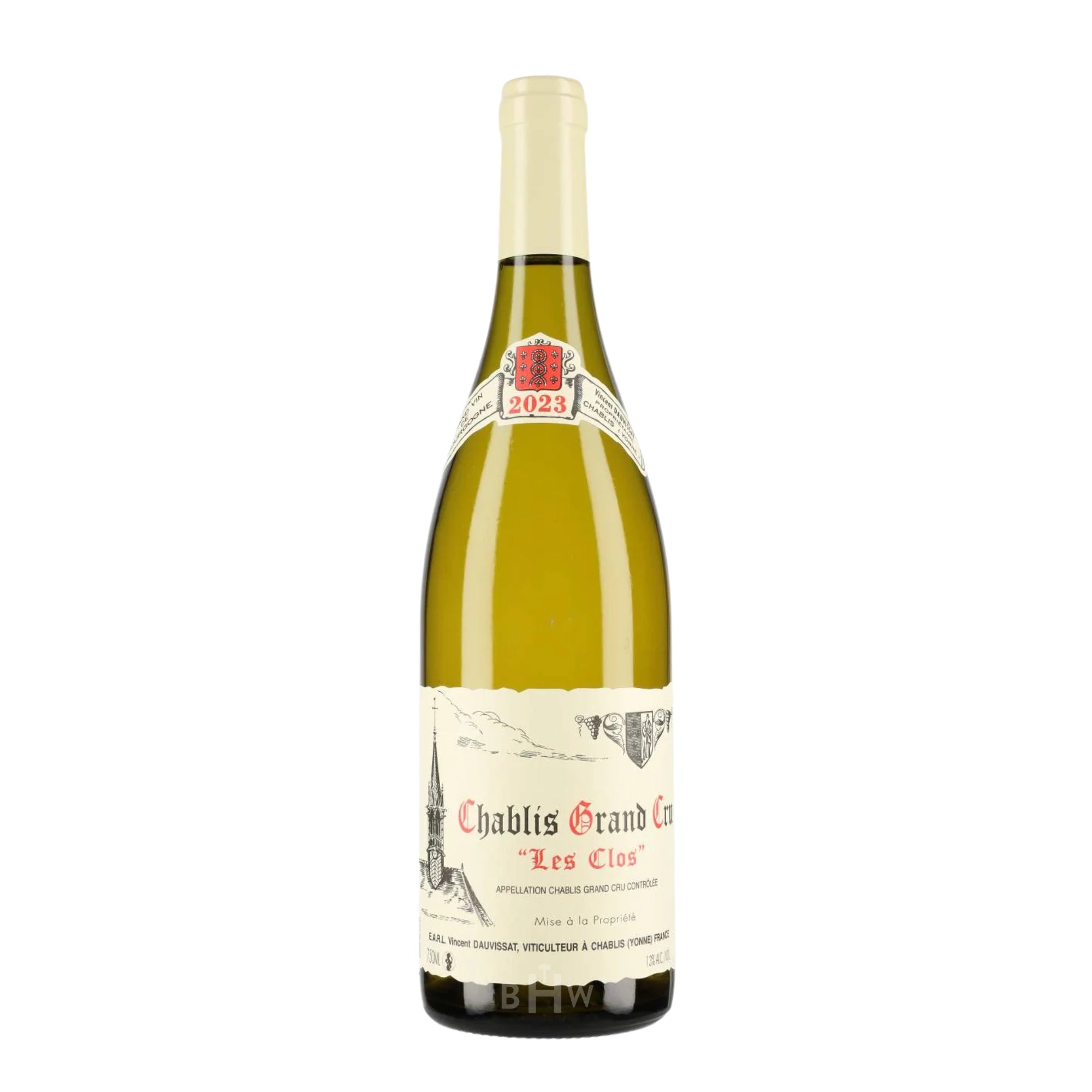 A bottle of 2023 Domaine Vincent Dauvissat 'Les Clos' Grand Cru Chablis white wine, curated by Big Hammer Wines.