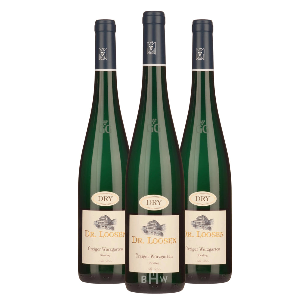 Three bottles of 2023 Dr. Loosen Ürziger Würzgarten Alte Reben GG Riesling Mosel white wine. Curated by Big Hammer Wines.