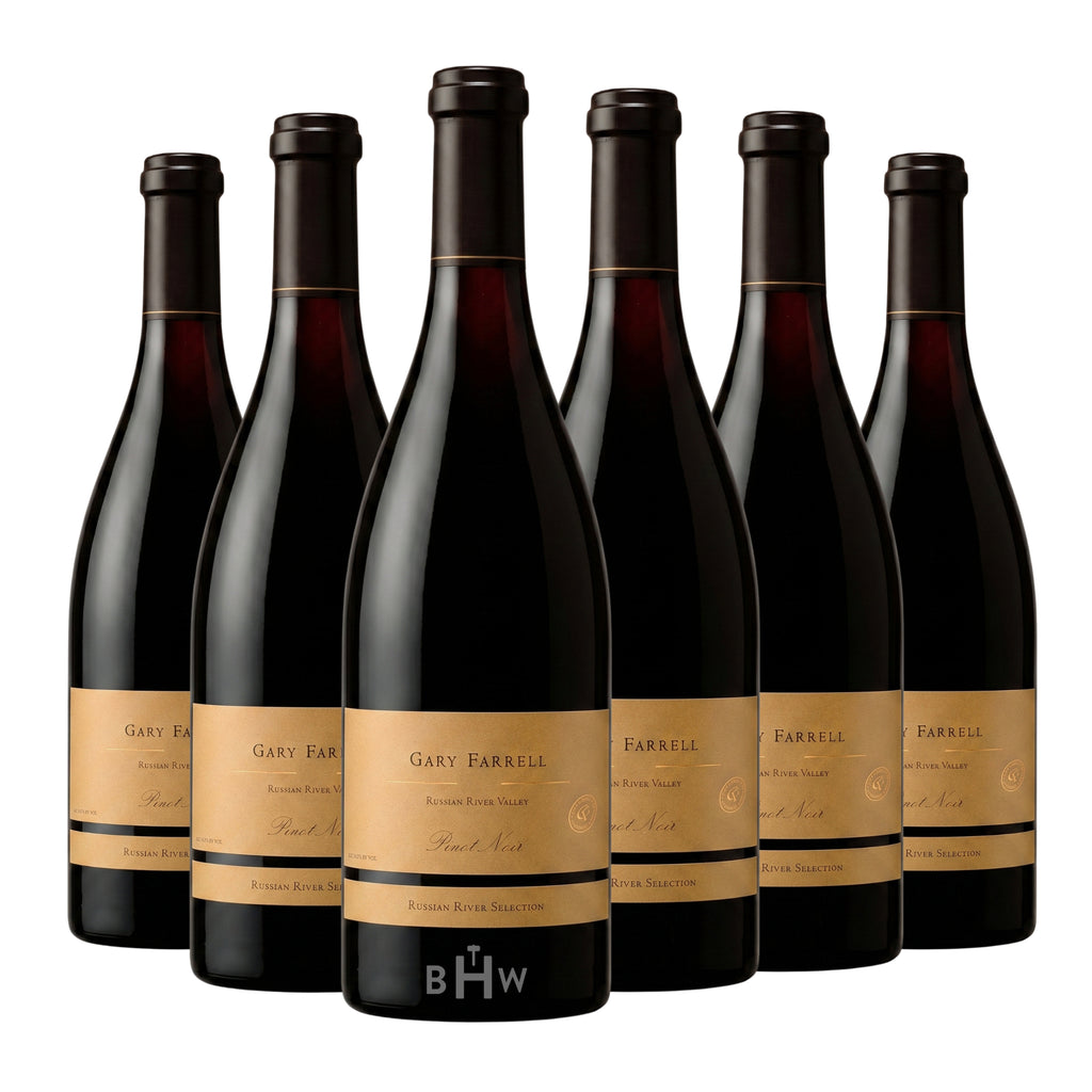 Six bottles of 2023 Gary Farrell Russian River Selection Pinot Noir red wine with gold labels, curated by Big Hammer Wines