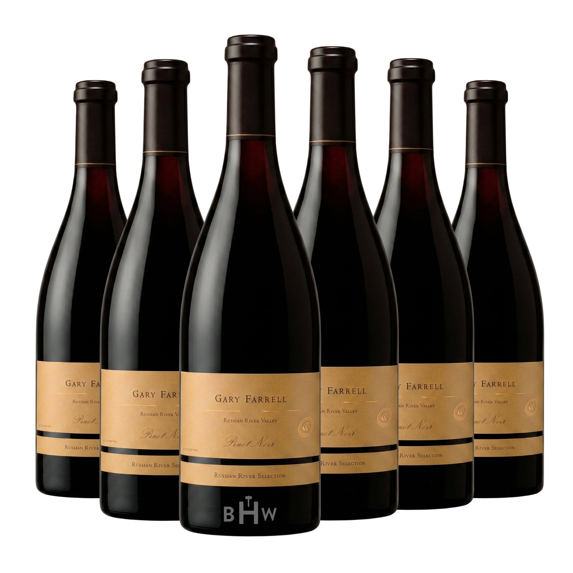Six bottles of 2023 Gary Farrell Russian River Selection Pinot Noir red wine with gold labels, curated by Big Hammer Wines